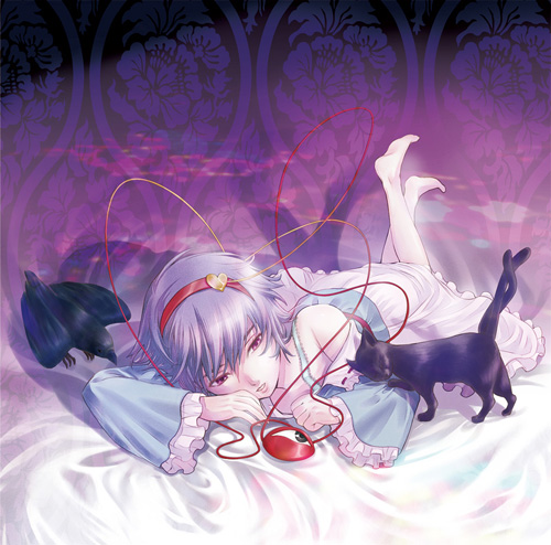 kyuu umi, kaenbyou rin, kaenbyou rin (cat), komeiji satori, reiuji utsuho, reiuji utsuho (bird), touhou, lowres, 1girl, barefoot, bird, cat, crow, female focus, hairband, legs, lying, off shoulder