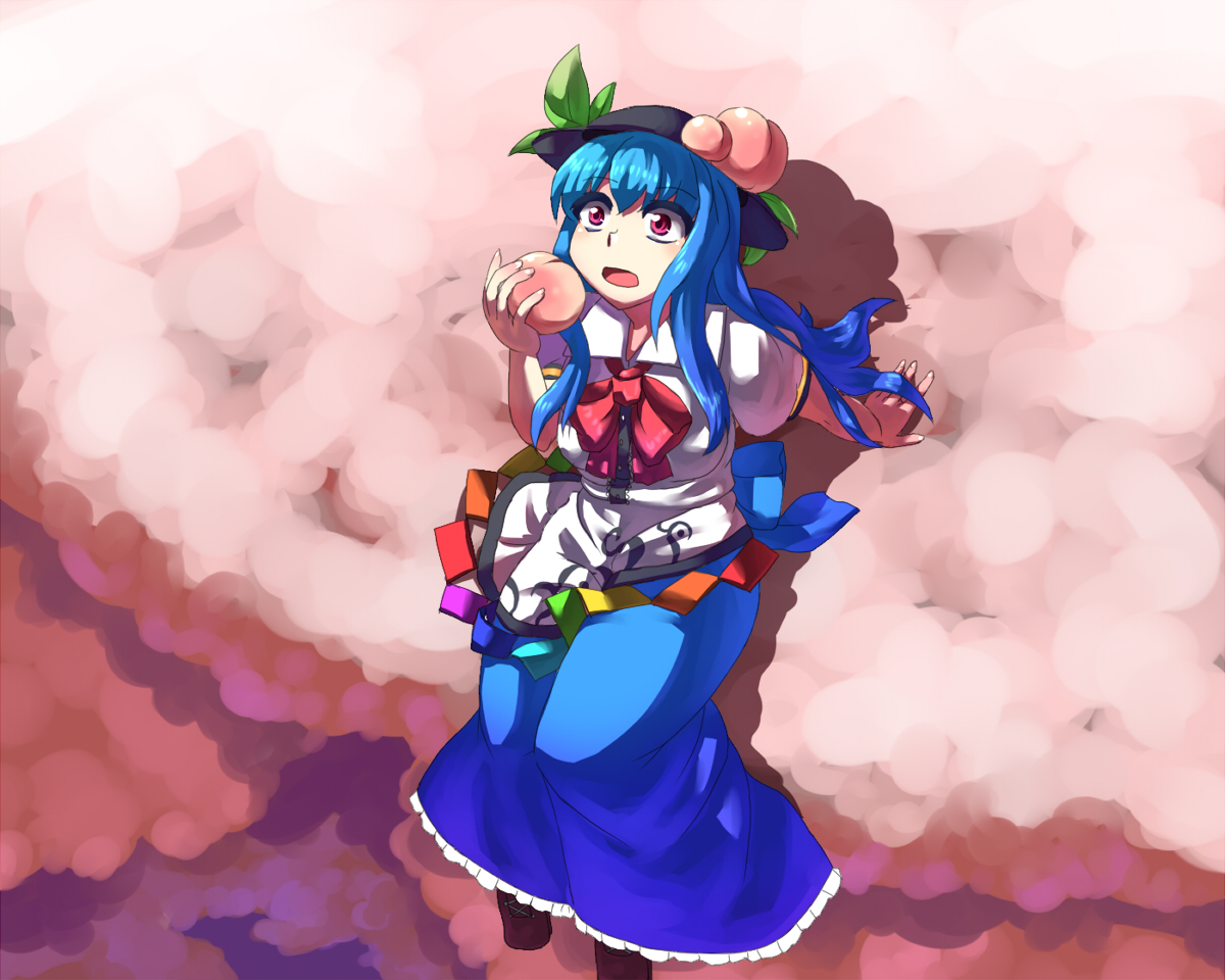 mizu mochi, hinanawi tenshi, touhou, bad id, bad pixiv id, 1girl, blue hair, boots, cloud, female focus, food, fruit, hat, long hair, peach, red eyes, sitting, solo