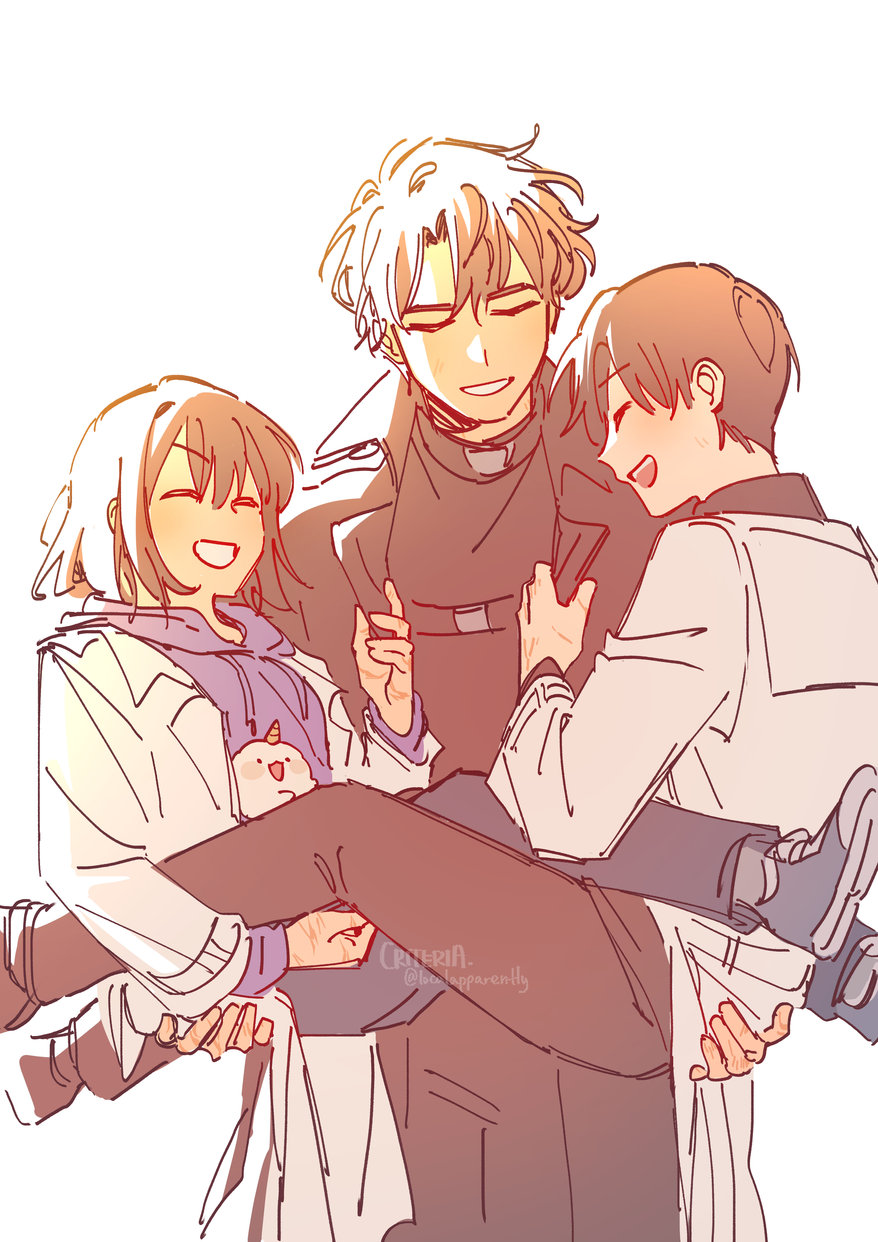 criteria, biyoo (omniscient reader's viewpoint), han sooyoung, kim dokja, yoo joonghyuk, omniscient reader's viewpoint, absurdres, highres, 1girl, 2boys, animal, black coat, black hair, black shirt, carrying, carrying person, closed eyes, coat, full body, grin, hand on another's ass, hand up, hood, hood down, hoodie, multiple boys, open clothes, open coat, popped collar, princess carry, purple hoodie, shirt, short hair, sidelighting, smile, white coat