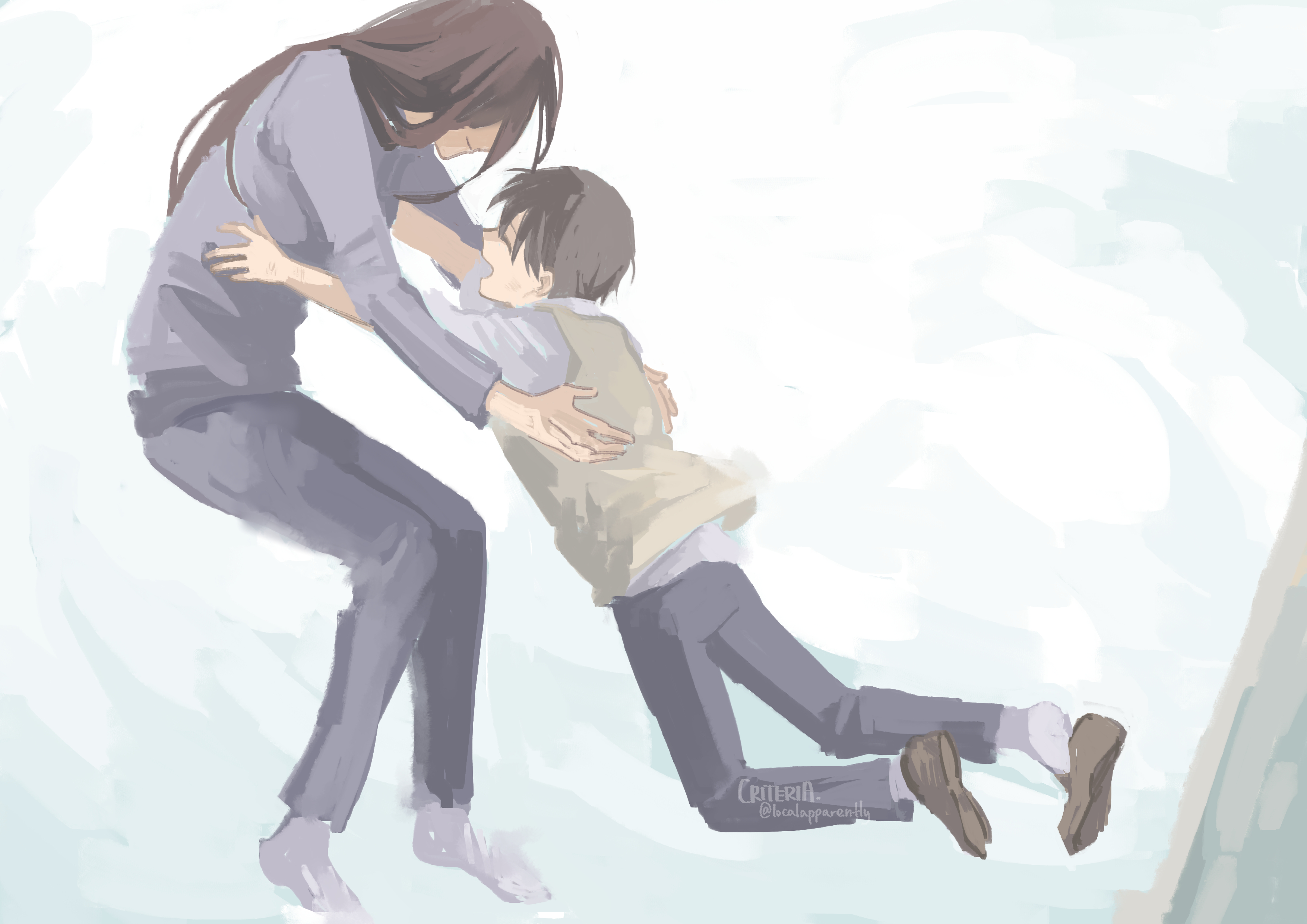 criteria, kim dokja, lee sookyung, oldest dream, omniscient reader's viewpoint, absurdres, highres, black hair, full body, grin, imminent hug, jumping, long sleeves, mother and son, outstretched arms, reaching, reaching towards another, shirt, short hair, smile, squatting, vest, white shirt, yellow vest