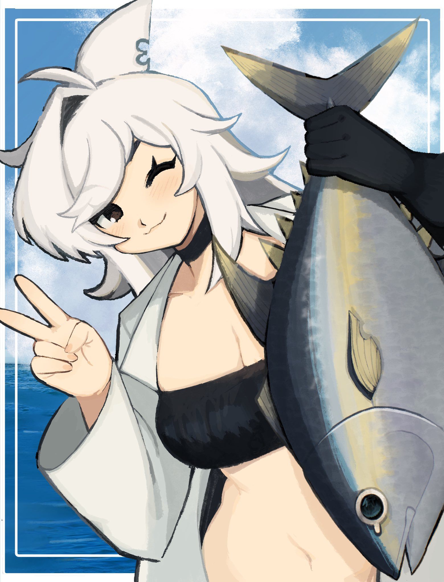 pengucola, original, commentary, english commentary, highres, making-of available, procreate (medium), 1girl, ;3, animal, black eyes, black gloves, blue sky, blush, breasts, cleavage, closed mouth, cloud, day, eyelashes, fish, gloves, holding, holding animal, holding fish, jacket, medium hair, navel, one eye closed, open clothes, open jacket, outdoors, rei (pengucola), shark fin, shark girl, single glove, single hair intake, sky, smile, solo, tuna, v, water, white hair, white jacket
