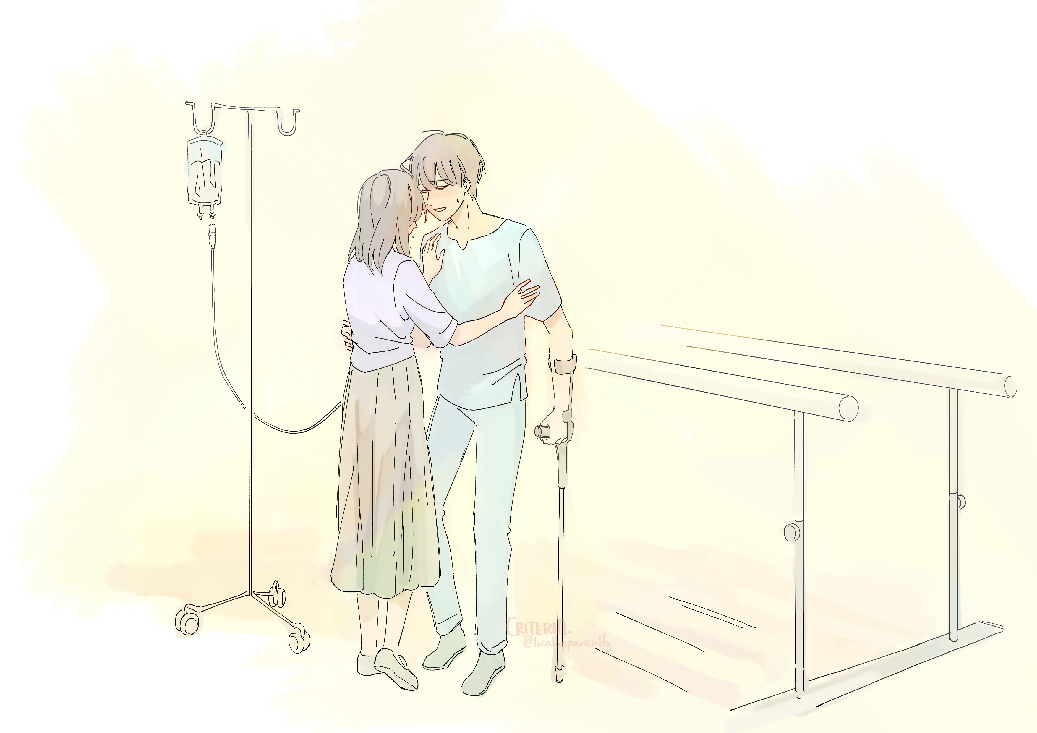 criteria, han sooyoung, kim dokja, omniscient reader's viewpoint, absurdres, highres, 1boy, 1girl, brown hair, crutch, full body, hand on another's head, hand on another's shoulder, hospital, hospital gown, intravenous drip, long skirt, purple shirt, shirt, short hair, skirt, standing, watercolor effect
