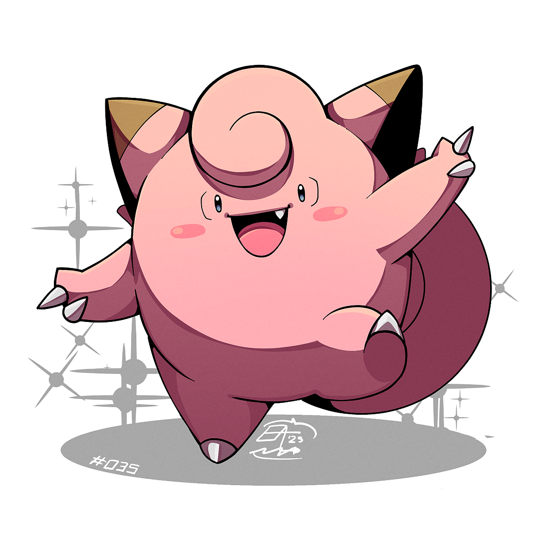 mistray-art, clefairy, nintendo, pokemon, blush stickers, claws, full body, gen 1 pokemon, looking at viewer, no humans, numbered, open mouth, pink fur, pokemon (creature), signature, simple background, solo, sparkle, white background