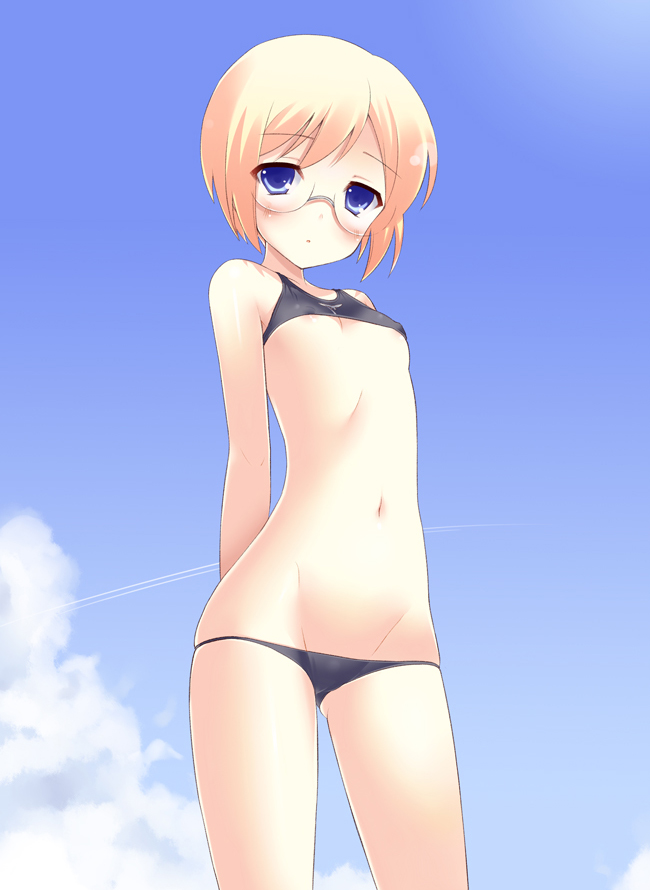 aida takanobu, ursula hartmann, strike witches, strike witches: suomus misfits squadron, world witches series, 00s, 1girl, bikini, blonde hair, blue eyes, blush, female focus, flat chest, glasses, groin, loli, lowleg, lowleg bikini, short hair, sky, solo, swimsuit