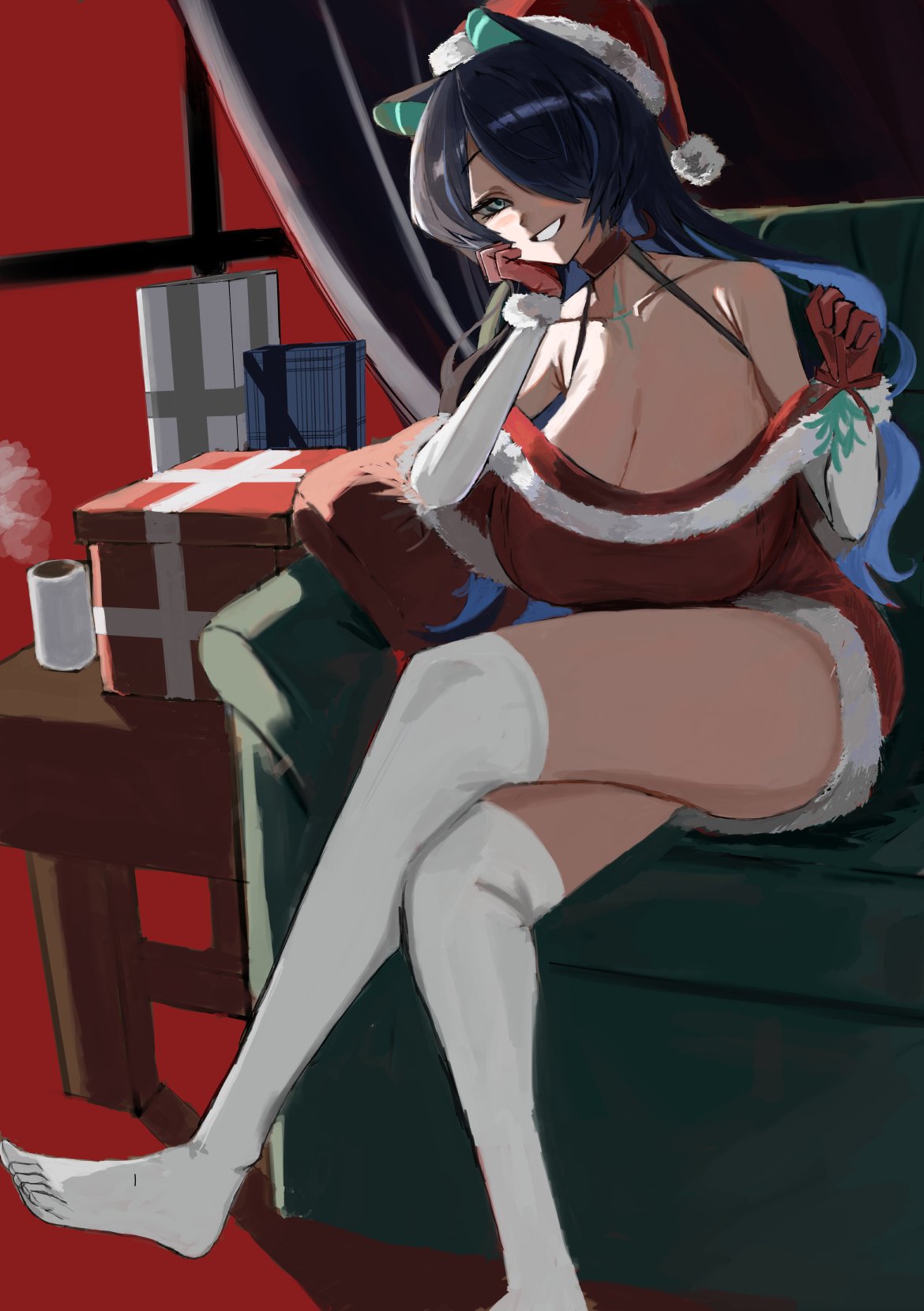 gogibahp, erina makina, phase connect, 1girl, animal ears, black hair, blue eyes, blue hair, breasts, dress, hat, huge breasts, mistletoe, santa costume, santa dress, santa hat, thighhighs, tiger ears, virtual youtuber