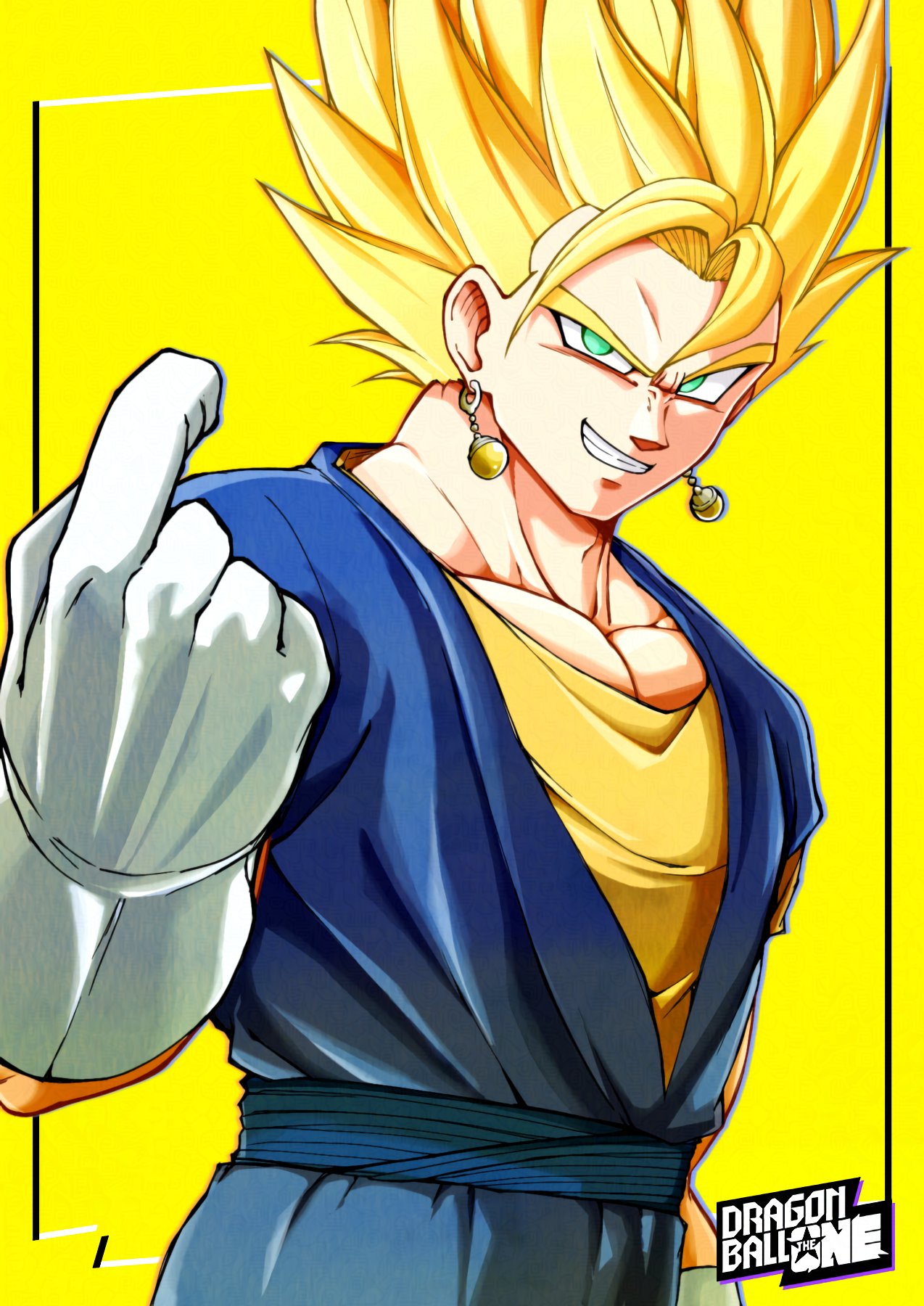 shin (mrgt2288), vegetto, dragon ball, dragonball z, highres, 1boy, blonde hair, blue pants, blue sash, blue shirt, cowboy shot, dougi, earrings, gloves, green eyes, jewelry, medium hair, muscular, muscular male, orange shirt, pants, parted lips, potara earrings, sash, shirt, simple background, smirk, solo, spiked hair, super saiyan, super saiyan 1, teeth, white gloves, yellow background
