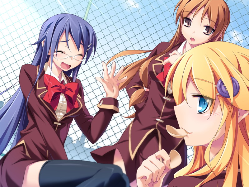 akinoko, magara arimi, makoto noriko, sumi majino, sumi noriko, donchan ga kyu, sakashiki hito ni miru kokoro, game cg, 3girls, blonde hair, blue eyes, blue hair, brown eyes, brown hair, chain-link fence, chips (food), closed eyes, fence, food, glasses, long hair, mouth hold, multiple girls, potato chips, thighhighs, waving