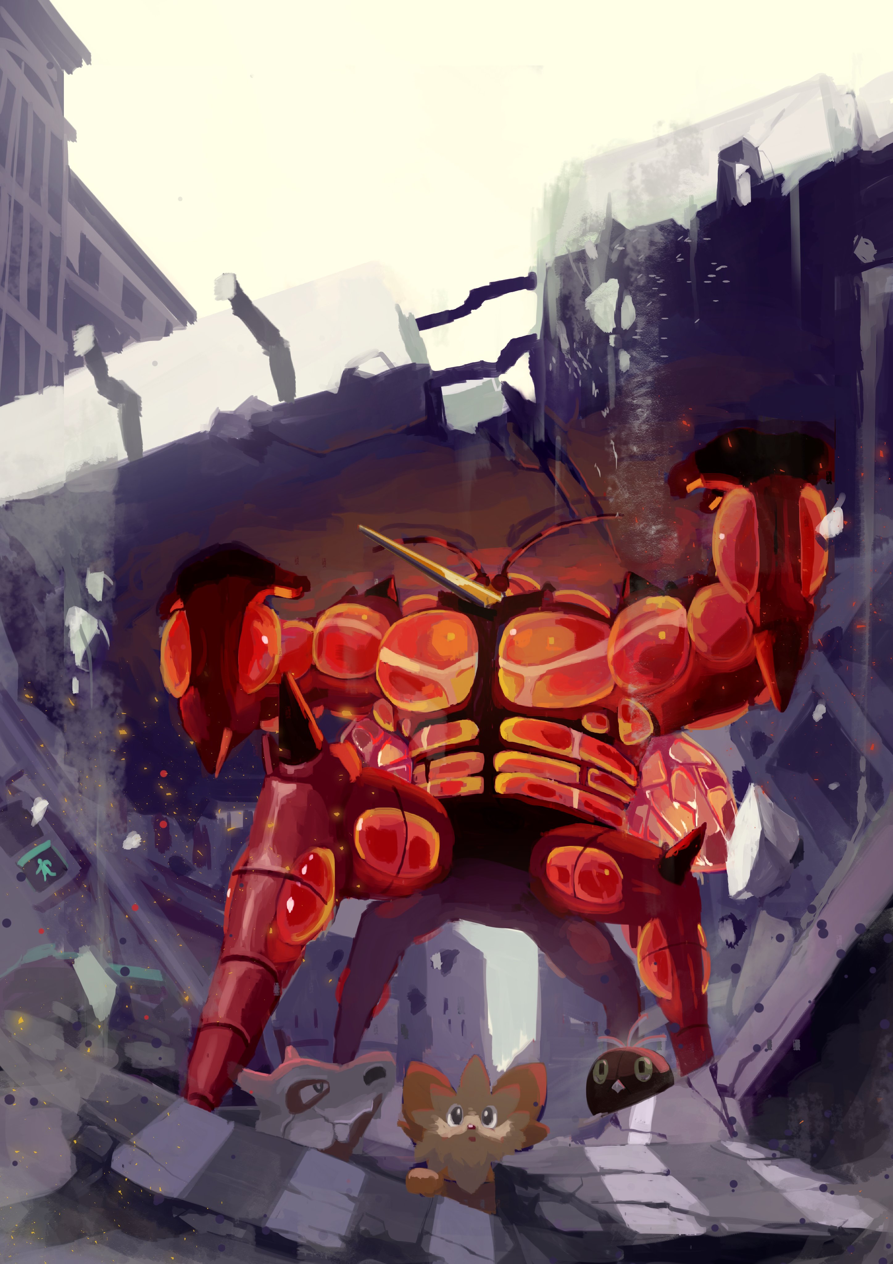 king joe (neoroto), buzzwole, cubone, lillipup, scatterbug, nintendo, pokemon, absurdres, commentary, english commentary, highres, antennae, building, carrying, concrete, debris, embers, extra legs, gen 1 pokemon, gen 5 pokemon, gen 6 pokemon, gen 7 pokemon, looking up, muscular, pokemon (creature), pokemon focus, proboscis, rebar, rubble, skull on head, traffic light, ultra beast