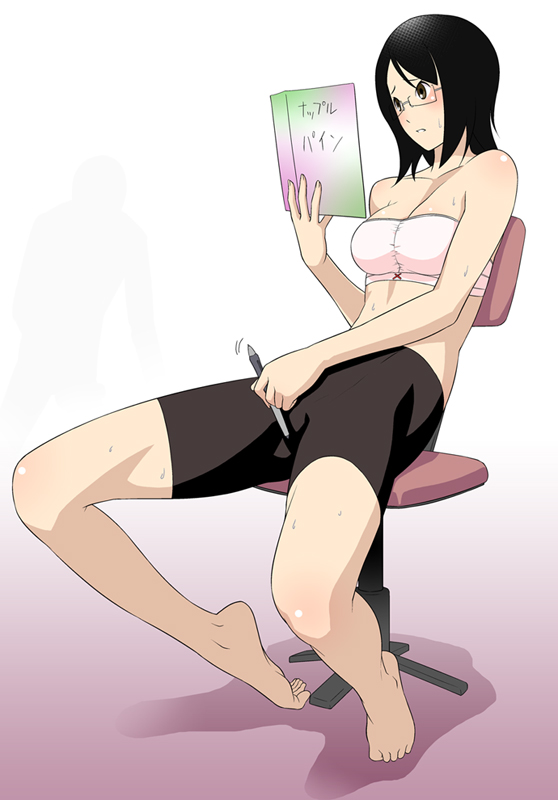 montesq, fujiyoshi harumi, usui kagerou, sayonara zetsubou sensei, wacom, bad id, bad pixiv id, translated, 00s, 1boy, 1girl, bandeau, bare shoulders, barefoot, bike shorts, black eyes, black hair, blush, book, breasts, chair, cleavage, clothed masturbation, crotch rub, feet, female masturbation, glasses, masturbation, midriff, on chair, pen, pornography, shadow, short hair, sitting, strapless, sweat, tube top, when you see it, yaoi (object)