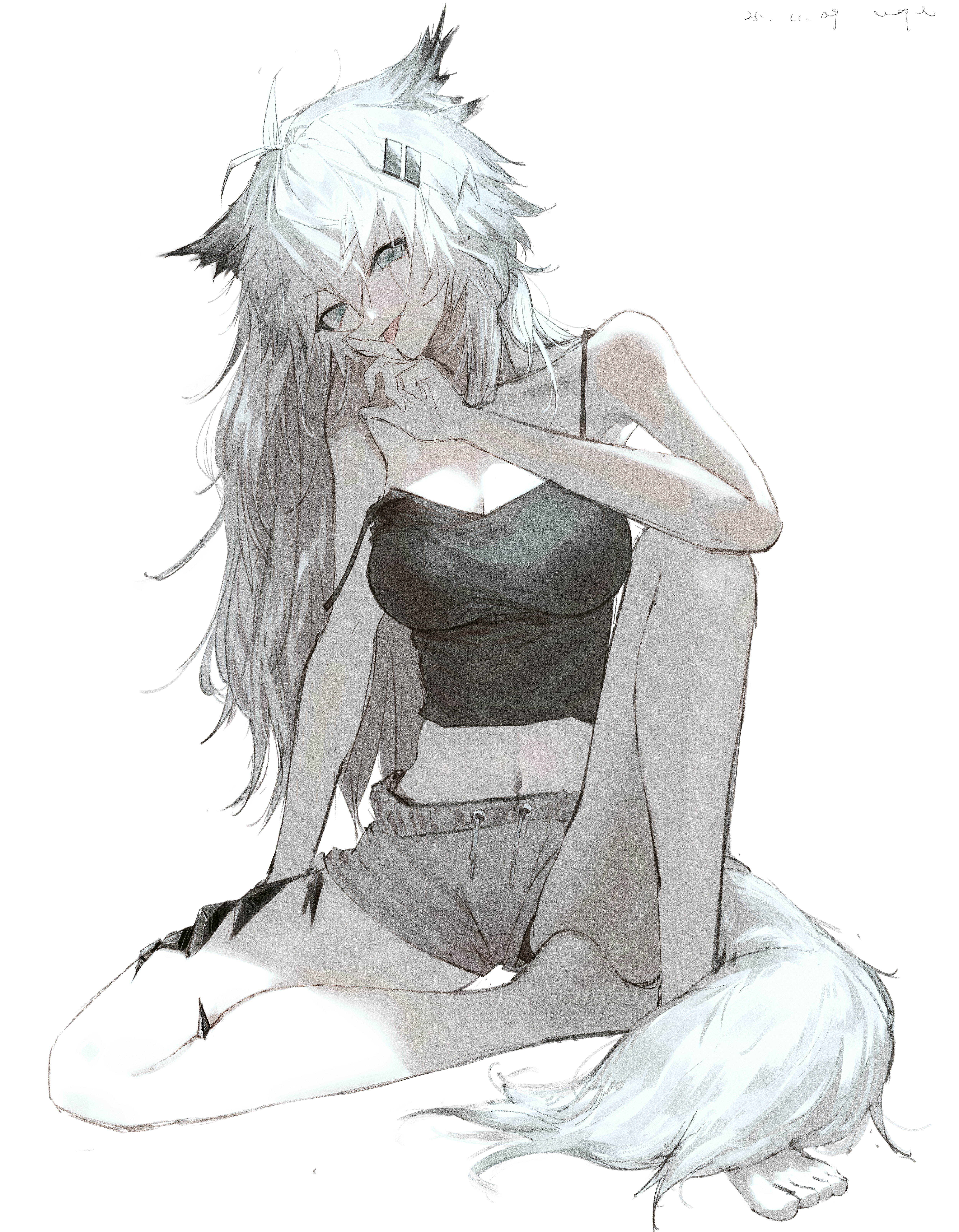 pppmepl, lappland (arknights), arknights, absurdres, highres, 1girl, alternate costume, animal ear fluff, animal ears, bare arms, bare shoulders, black camisole, breasts, camisole, dated, grey eyes, grey hair, grey shorts, hair ornament, hairclip, long hair, looking at viewer, material growth, medium breasts, midriff, navel, oripathy lesion (arknights), scar, scar across eye, scar on face, shorts, signature, sitting, smile, solo, tail, wolf ears, wolf girl, wolf tail