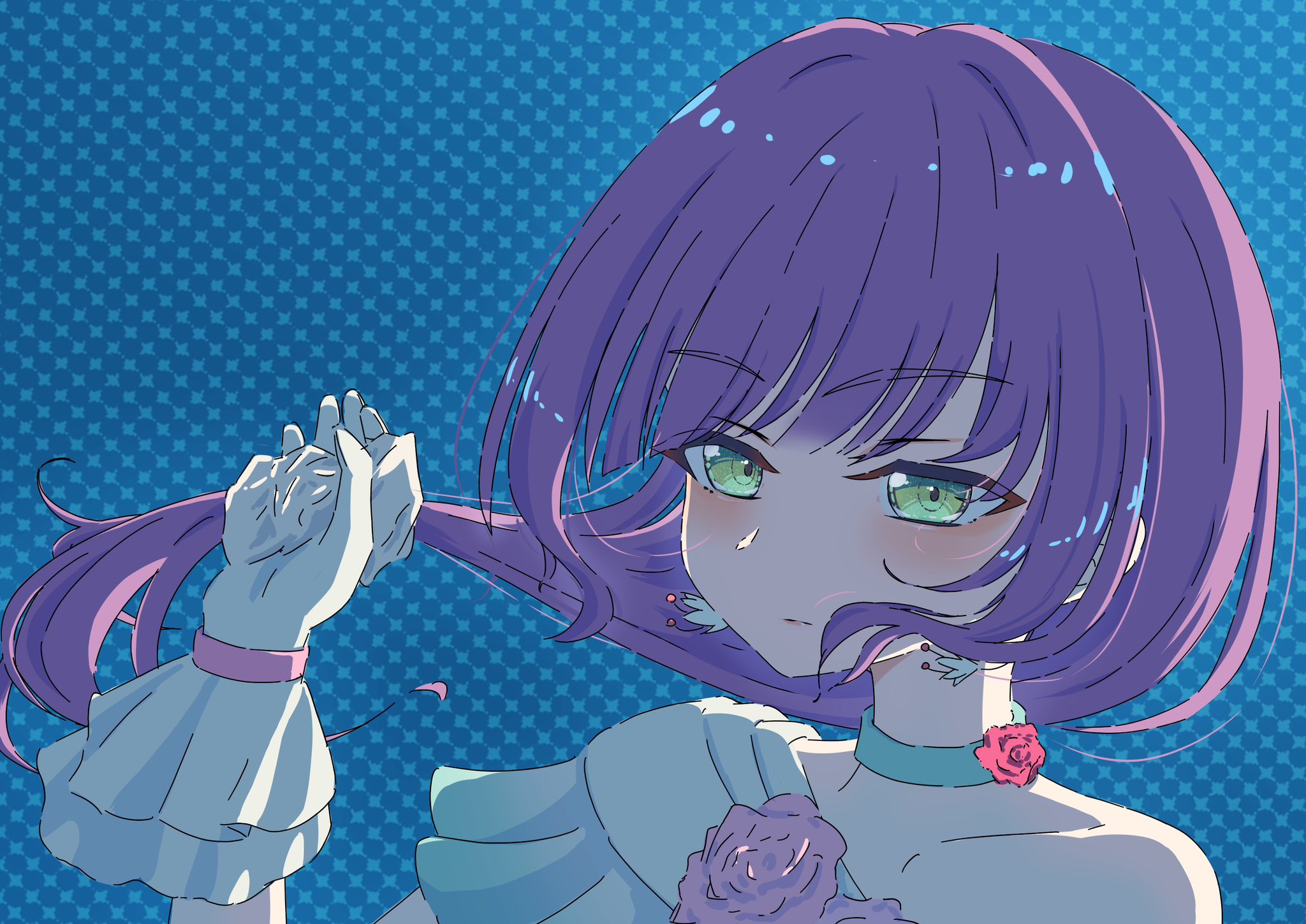 sanya (sanya ikuyo), otomune kozue, link! like! love live!, love live!, commentary request, highres, 1girl, 4th live dream ~bloom the dream believers~, be proud (love live!), blue background, blush, closed mouth, dress, earrings, flower earrings, frilled dress, frilled gloves, frills, gloves, jewelry, official alternate costume, purple hair, single-shoulder dress, single bare shoulder, solo, untying hair, virtual youtuber, white gloves, yume wazurai