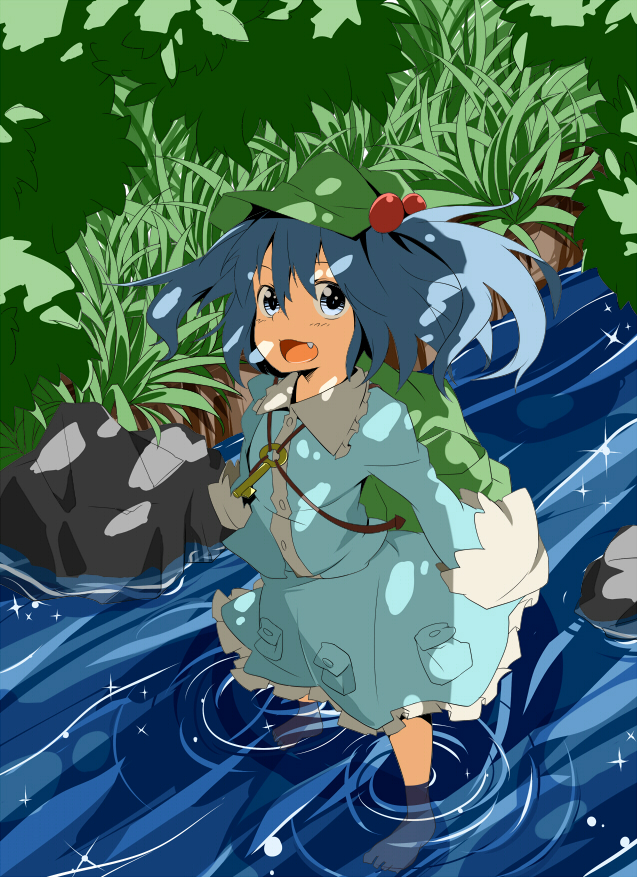 la-do, oguro (moyashi 2-hon), kawashiro nitori, touhou, bad id, bad pixiv id, 1girl, backpack, bag, barefoot, blue eyes, blue hair, fang, female focus, hair bobbles, hair ornament, key, matching hair/eyes, open mouth, randoseru, river, solo, stream, twintails, two side up, wading, water
