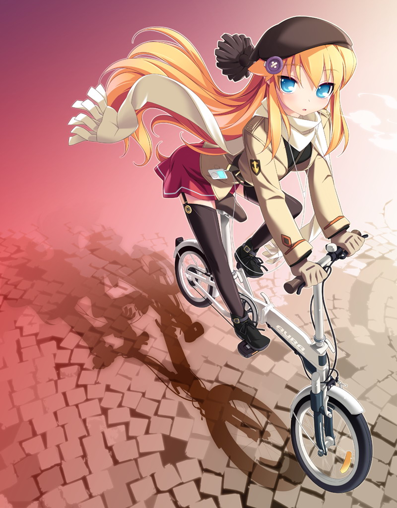 akinoko, sumi majino, donchan ga kyu, game cg, 1girl, bicycle, blonde hair, blue eyes, female focus, folding bicycle, solo, thighhighs