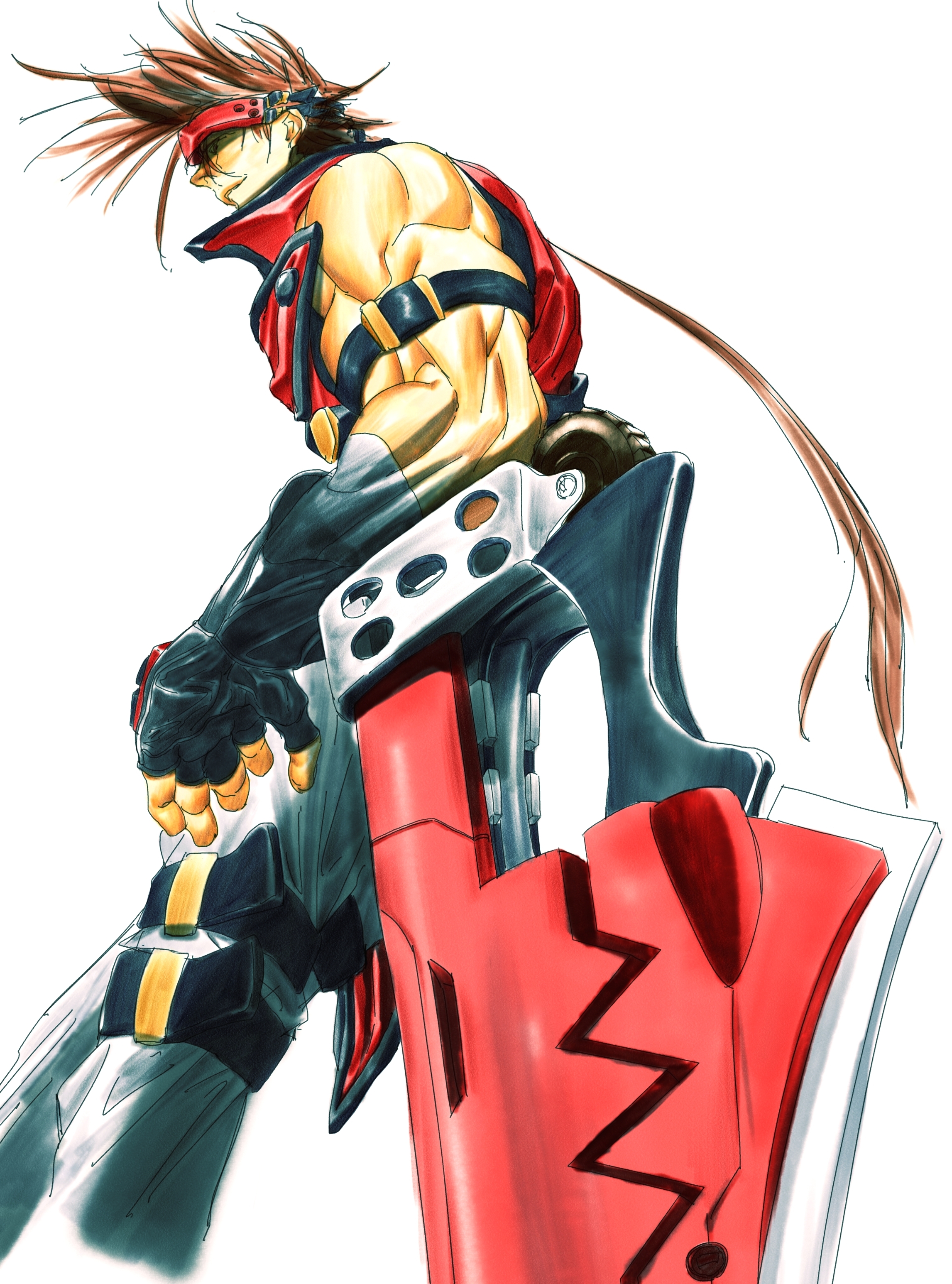 storyteller777, sol badguy, guilty gear, absurdres, commentary request, highres, 1boy, arm strap, black gloves, brown hair, cropped legs, fingerless gloves, fireseal, from below, from side, gloves, headband, leaning on weapon, long hair, low ponytail, male focus, muscular, muscular male, pants, ponytail, red headband, red shirt, shirt, simple background, sleeveless, sleeveless shirt, solo, spiked hair, sword, weapon, white background, white pants