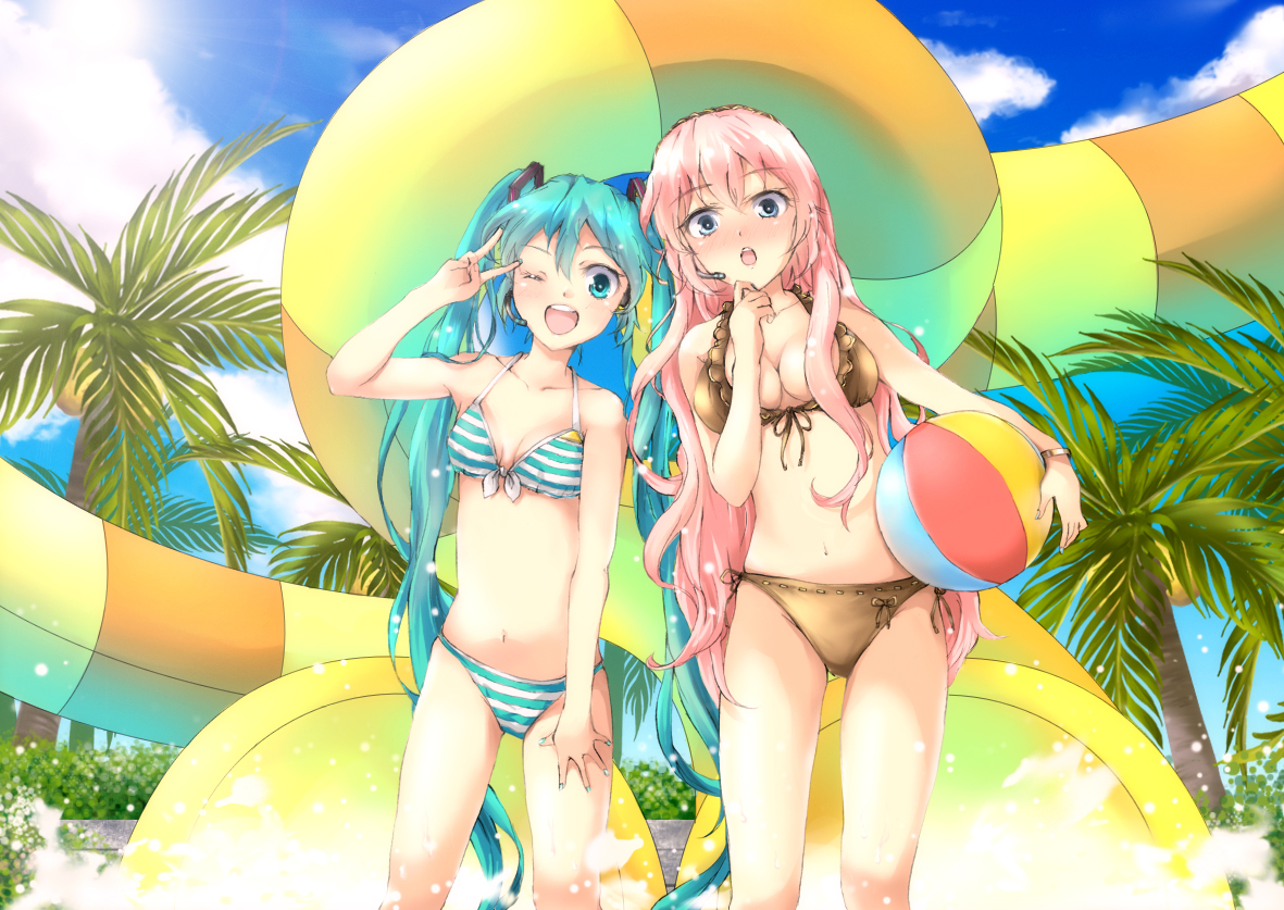 tottsuan, hatsune miku, megurine luka, project diva, project diva (series), vocaloid, 2girls, aqua eyes, aqua hair, ball, beach, beachball, bikini, blush, day, front-tie top, headset, long hair, multiple girls, one eye closed, outdoors, pink hair, sky, smile, striped bikini, striped clothes, summer, swimsuit, twintails, v, wink
