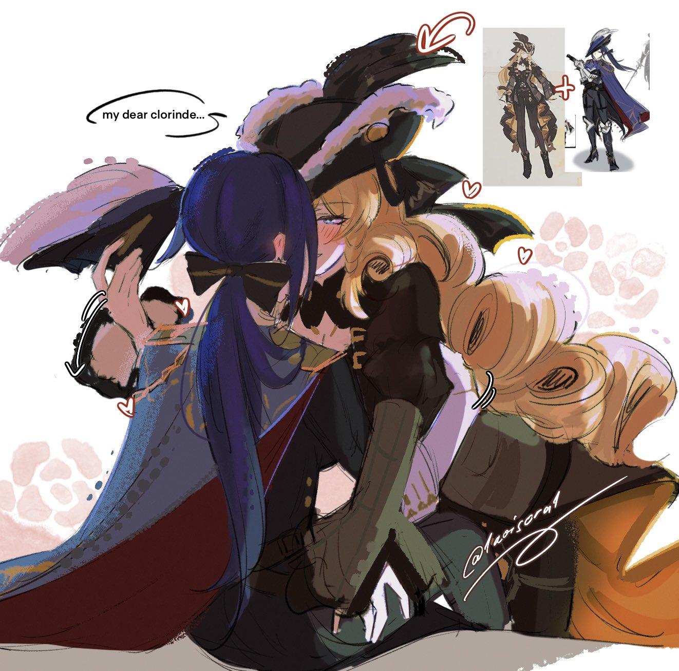 1aoisora1, clorinde (genshin impact), navia (genshin impact), genshin impact, commentary, english commentary, highres, 2girls, black dress, black hat, black pants, blonde hair, blue eyes, blush, curly hair, dress, elbow gloves, gloves, hat, hat feather, long hair, multiple girls, official art inset, pants, purple hair, smile, white gloves, yuri