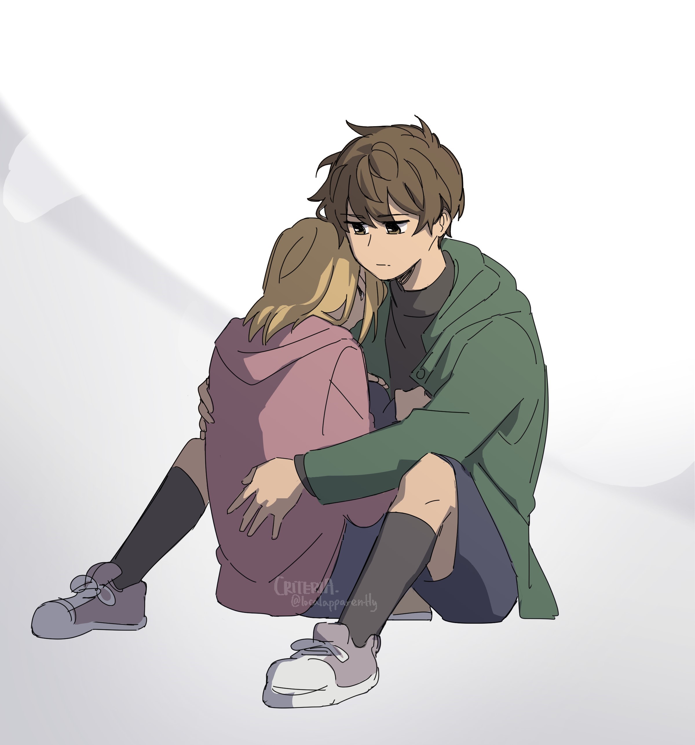 criteria, lee gilyoung, shin yoosung, omniscient reader's viewpoint, absurdres, highres, 1boy, 1girl, black eyes, black shirt, black shorts, blonde hair, brown hair, denim, full body, green jacket, height difference, hug, jacket, jeans, knees up, looking at another, pants, pink jacket, serious, shirt, short hair, shorts, sitting