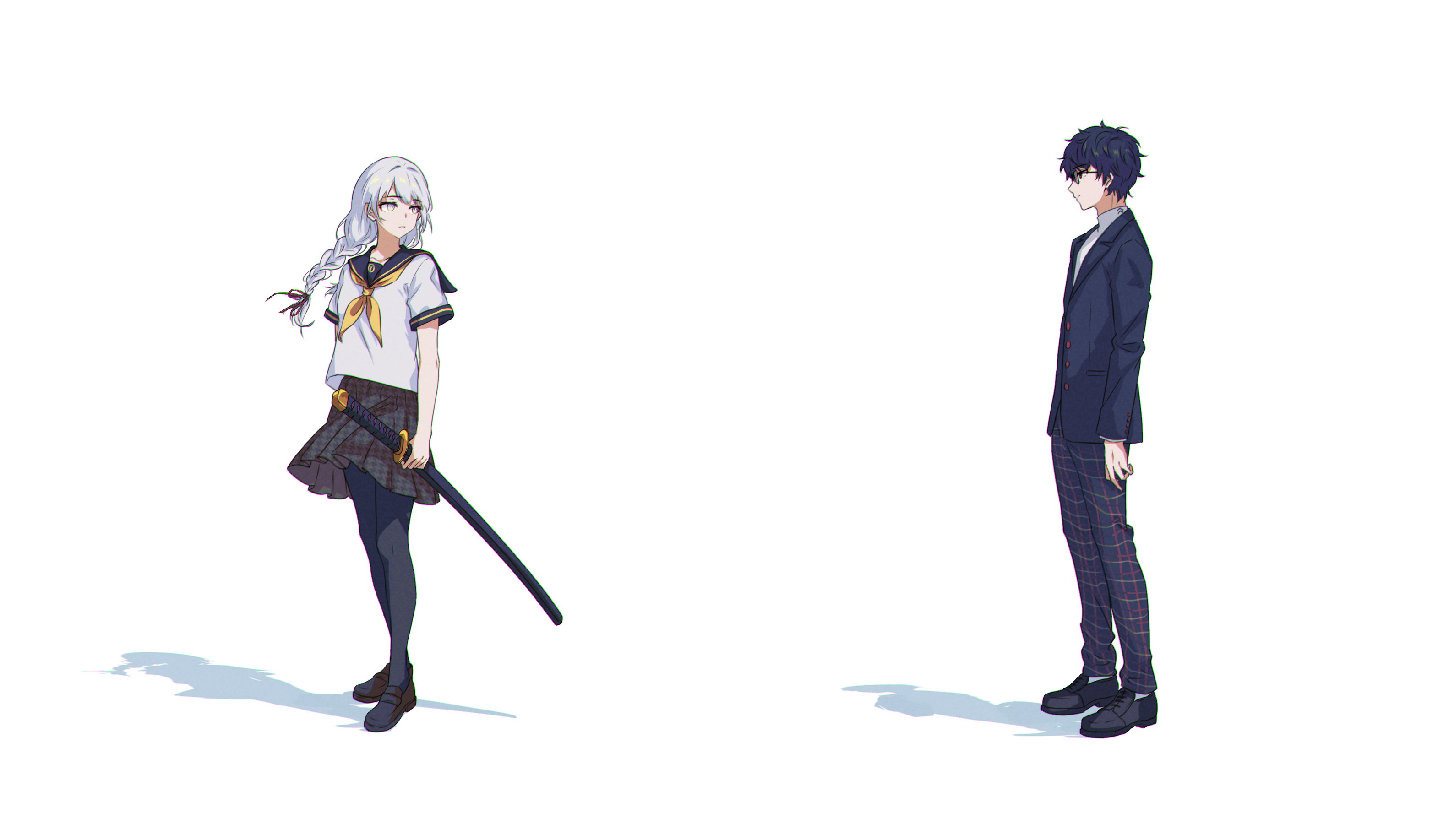 kotomeiro, amamiya ren, narukami yu, persona, persona 4, persona 5, character request, check character, check copyright, commentary request, copyright request, highres, 1boy, 1girl, black hair, black jacket, black pantyhose, black sailor collar, black shoes, black skirt, braid, braided ponytail, from side, full body, genderswap, genderswap (mtf), glasses, grey eyes, grey hair, holding, holding sword, holding weapon, houndstooth, jacket, katana, long hair, long sleeves, looking at another, looking back, neckerchief, pants, pantyhose, plaid clothes, plaid pants, sailor collar, school uniform, serafuku, sheath, sheathed, shirt, shoes, short hair, short sleeves, shuujin academy school uniform, simple background, skirt, sword, untucked shirt, weapon, white background, white shirt, yasogami school uniform, yellow neckerchief