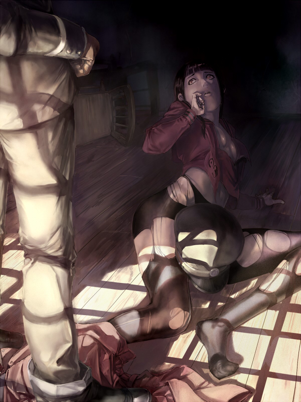 guri otoko, daidoji kaya, kuzunoha raidou, devil summoner (series), torn legwear, 1boy, 1girl, black hair, brown hair, hat, imminent rape, legs, lying, pantyhose, red eyes, shako cap, torn clothes, you gonna get raped