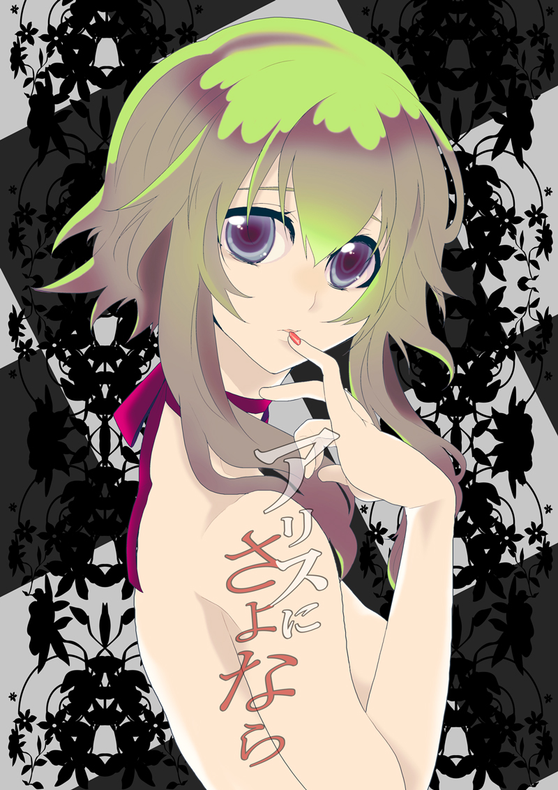kondoru, gumi, vocaloid, bad id, bad pixiv id, 1girl, artistic error, blue eyes, female focus, green hair, nail polish, red nails, ribbon, short hair, short hair with long locks, solo, topless female