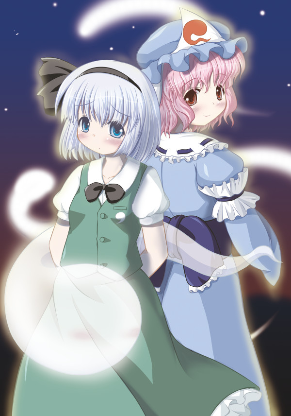 riku (rikkuru), konpaku youmu, konpaku youmu (ghost), saigyouji yuyuko, touhou, silver hair, 2girls, female focus, hat, japanese clothes, kimono, multiple girls, pink hair, short hair