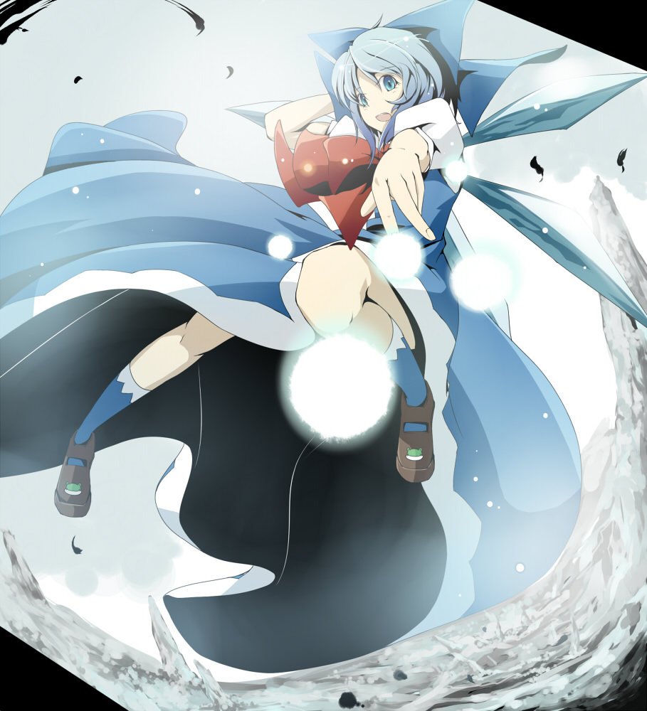 ryuu, ryuu (tsukinoyuki), cirno, embodiment of scarlet devil, touhou, 1girl, blue eyes, blue hair, blue socks, bow, female focus, matching hair/eyes, ribbon, short hair, socks, solo, wings