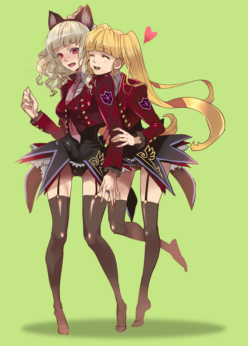 agasang, asmodeus (umineko), satan (umineko), stakes of purgatory, umineko no naku koro ni, silver hair, 00s, 2girls, animal ears, black garter straps, black thighhighs, blonde hair, blush, cat ears, closed eyes, drill hair, embarrassed, fake animal ears, fang, garter belt, garter straps, green background, head on another's shoulder, heart, incest, leotard, long hair, multiple girls, necktie, open mouth, pink necktie, red eyes, school uniform, siblings, simple background, sisters, thighhighs, twintails, wide hips, yuri