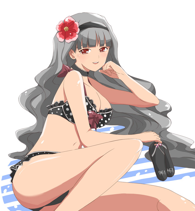 maro nie, shijou takane, idolmaster, idolmaster (classic), 00s, 1girl, bikini, blush, female focus, flip-flops, flower, frills, grey hair, hair flower, hair ornament, hairband, long hair, polka dot, polka dot bikini, polka dot swimsuit, red eyes, ribbon, sandals, solo, swimsuit