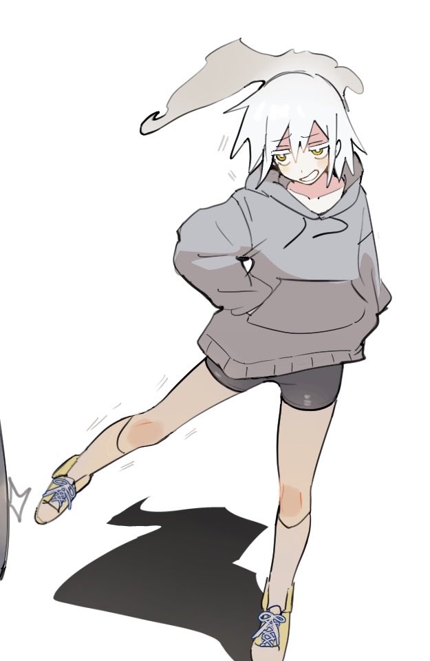 konro kon, original, 1girl, black shorts, grey hoodie, hoodie, kicking, shorts, standing, white hair