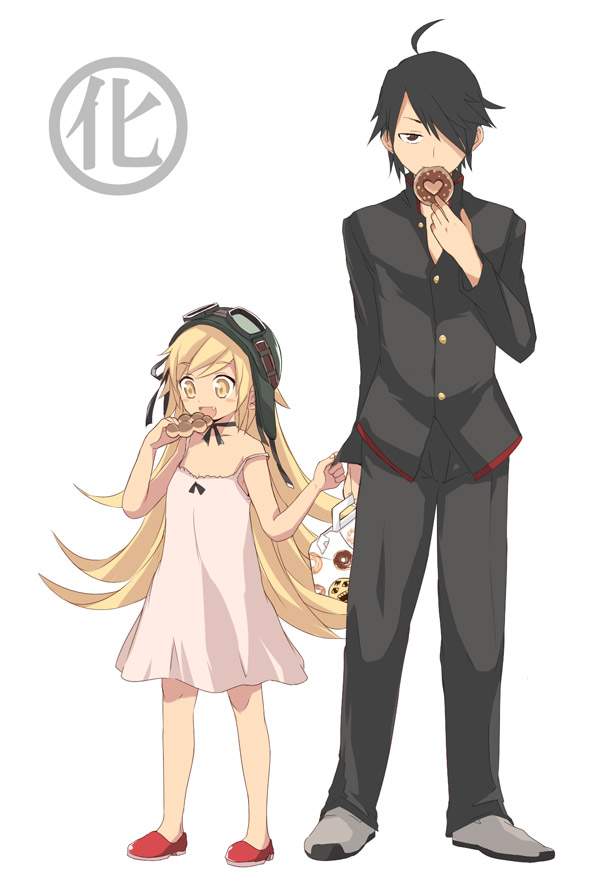maro nie, araragi koyomi, oshino shinobu, bakemonogatari, monogatari (series), 00s, 1boy, 1girl, ahoge, black hair, blonde hair, chemise, cookie, eating, food, goggles, helmet, long hair, open clothes, open shirt, ribbon, school uniform, shirt, short hair, strap slip, yellow eyes