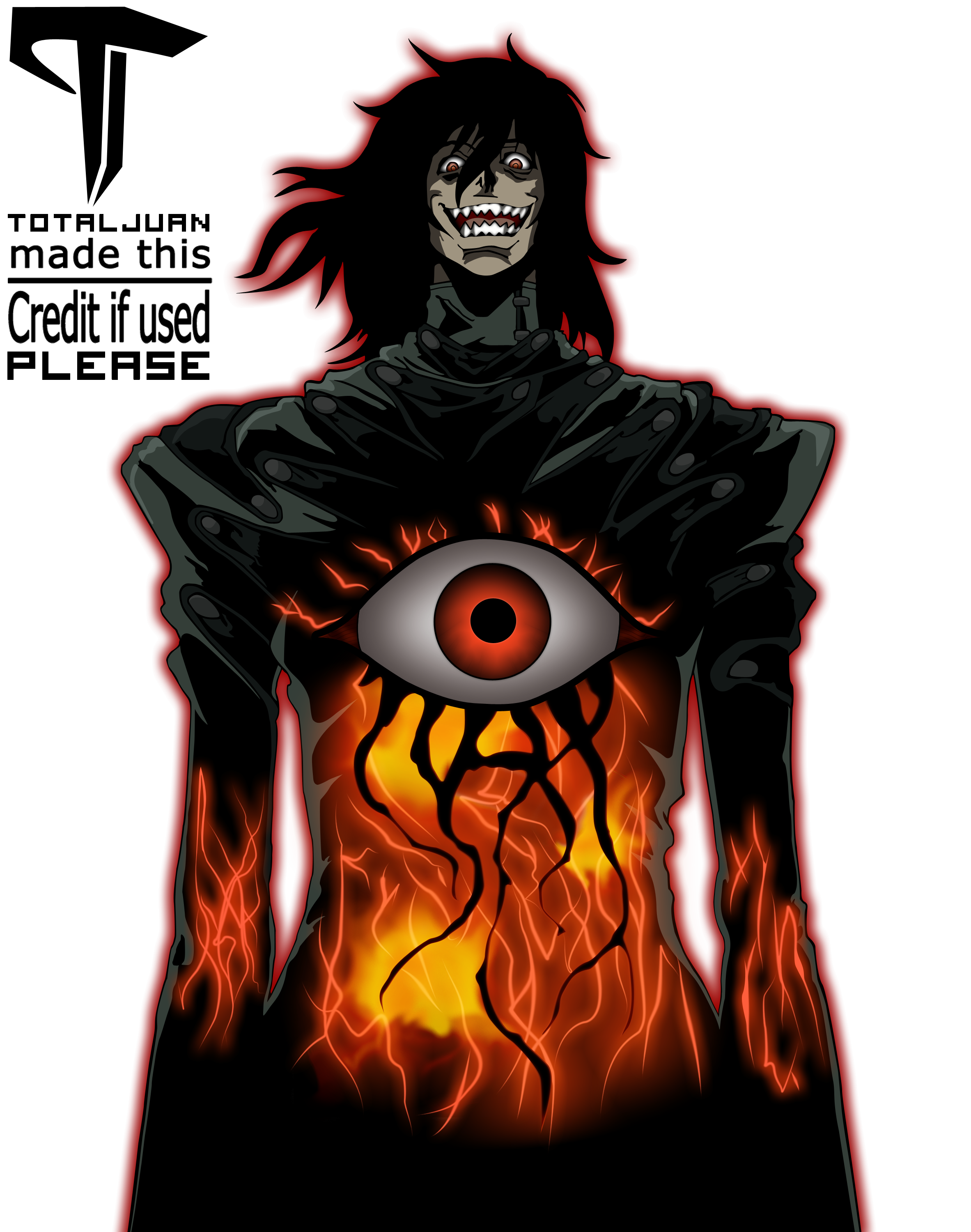 alucard (hellsing), hellsing, absurdres, derivative work, highres, vector trace, 1boy, black hair, eye focus, high collar, leather, male focus, open mouth, pale skin, red eyes, sharp teeth, solo, teeth, transparent background, vampire