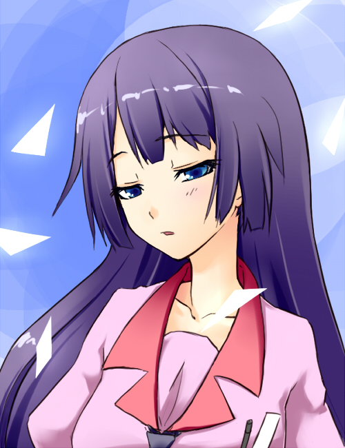 onegi, senjougahara hitagi, bakemonogatari, monogatari (series), 00s, 1girl, blue eyes, female focus, long hair, necktie, purple hair, school uniform, solo