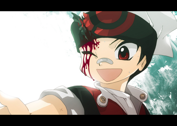 eioai, brendan (pokemon), pokemon, pokemon special, pokemon special anime, resized, ;d, bandaid, black hair, bleeding, blood, epic, happy, hat, headband, injury, letterboxed, open mouth, pixiv thumbnail, red eyes, short hair, smile, wink