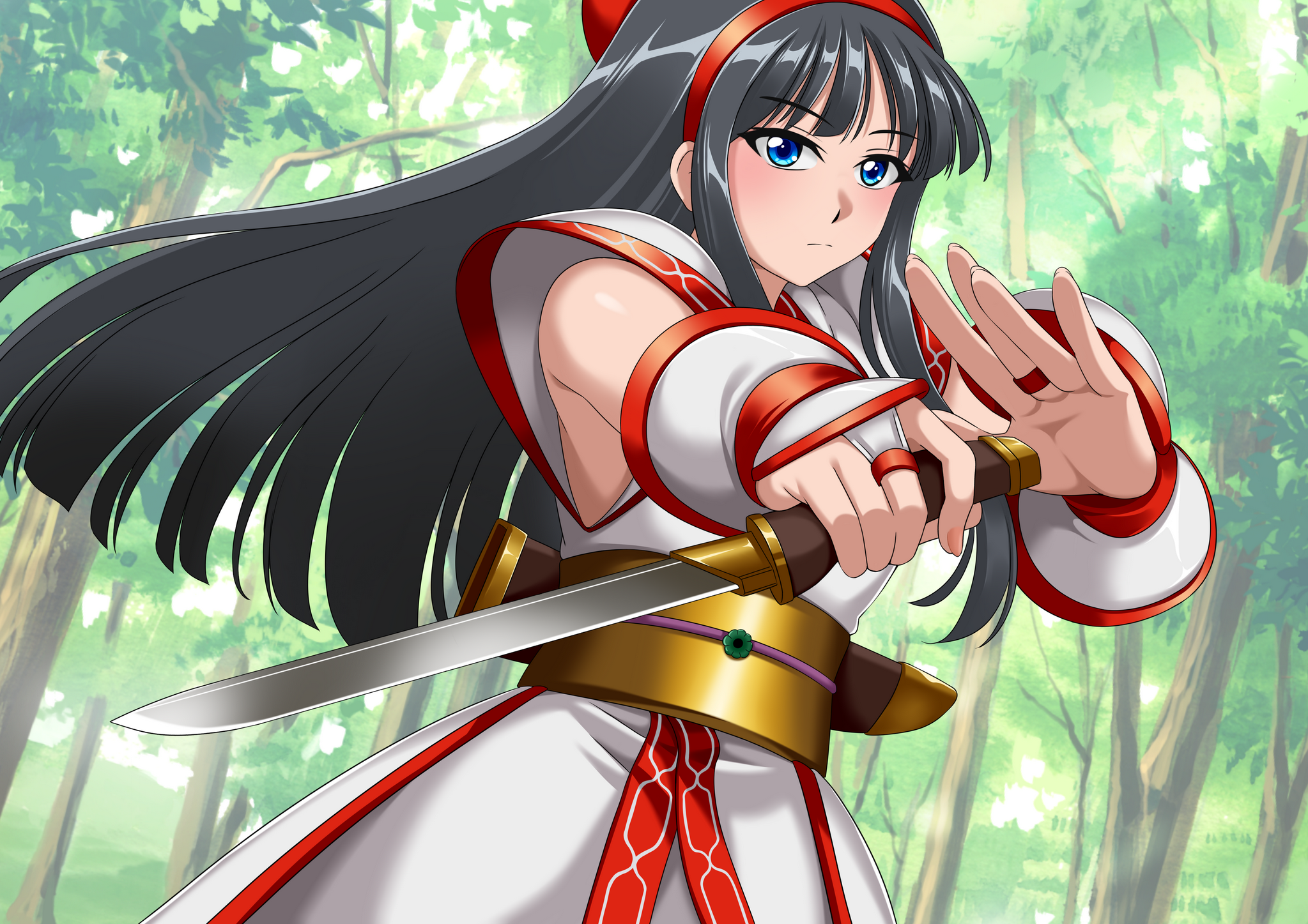 nakoruru, samurai spirits, snk, the king of fighters, the king of fighters xv, highres, 1girl, ainu clothes, black hair, blue eyes, blush, expressionless, fighting stance, fingerless gloves, forest, gloves, hair ribbon, legs, long hair, looking at viewer, nature, outstretched arms, pants, ribbon, solo, thighs, weapon