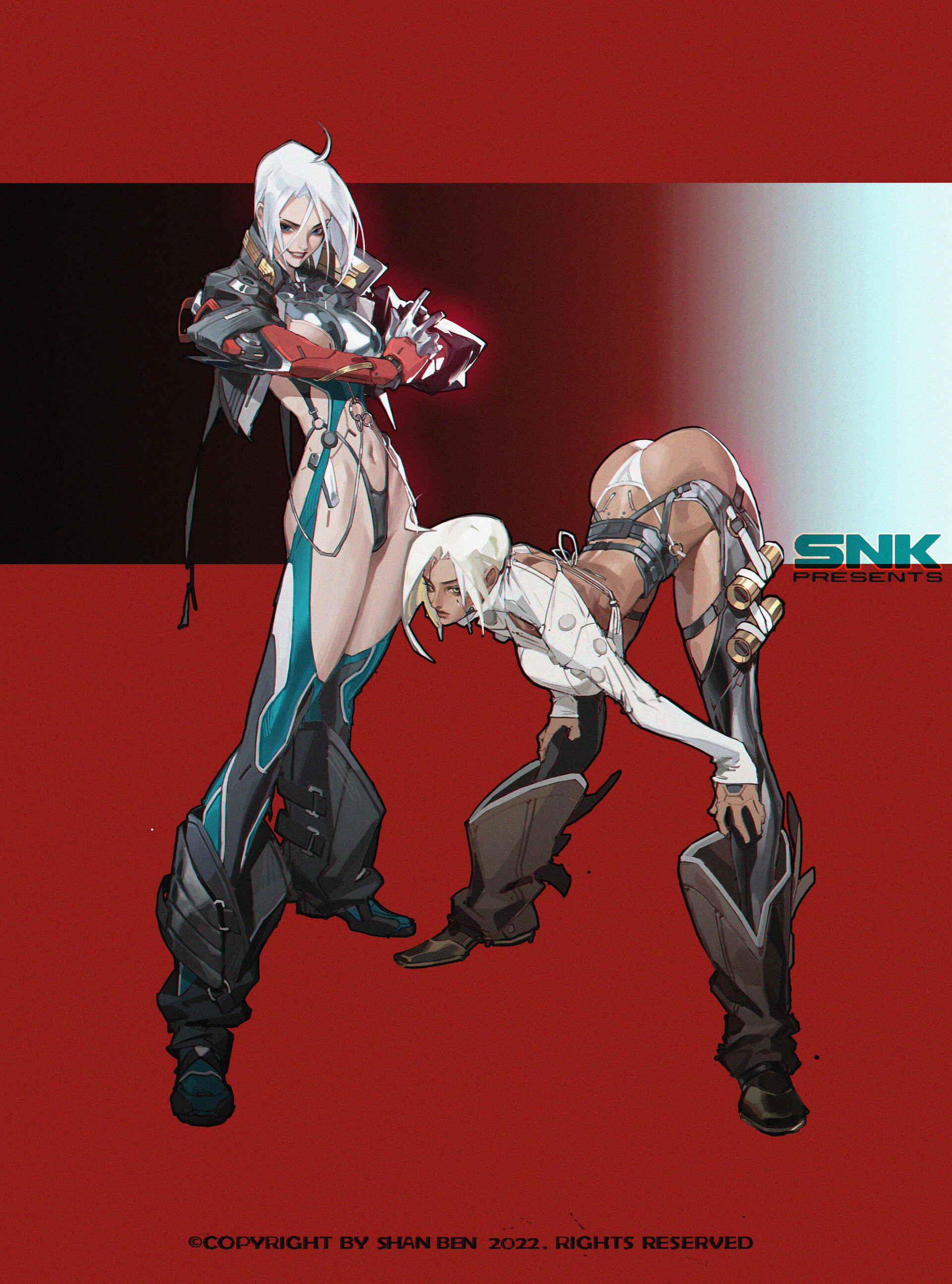 angel (kof), snk, the king of fighters, 2022, 2girls, adapted costume, ahoge, alternate costume, alternate skin color, ass, bodysuit, boots, breasts, copyright name, crossed arms, cyborg, dark-skinned female, dark skin, full body, hood, hoodie, joints, large breasts, lips, mechanical arms, mexican (nationality), multiple girls, navel, panties, red background, robot joints, serious, smile, stretching, thong, underwear, white hair, yamamoto dove