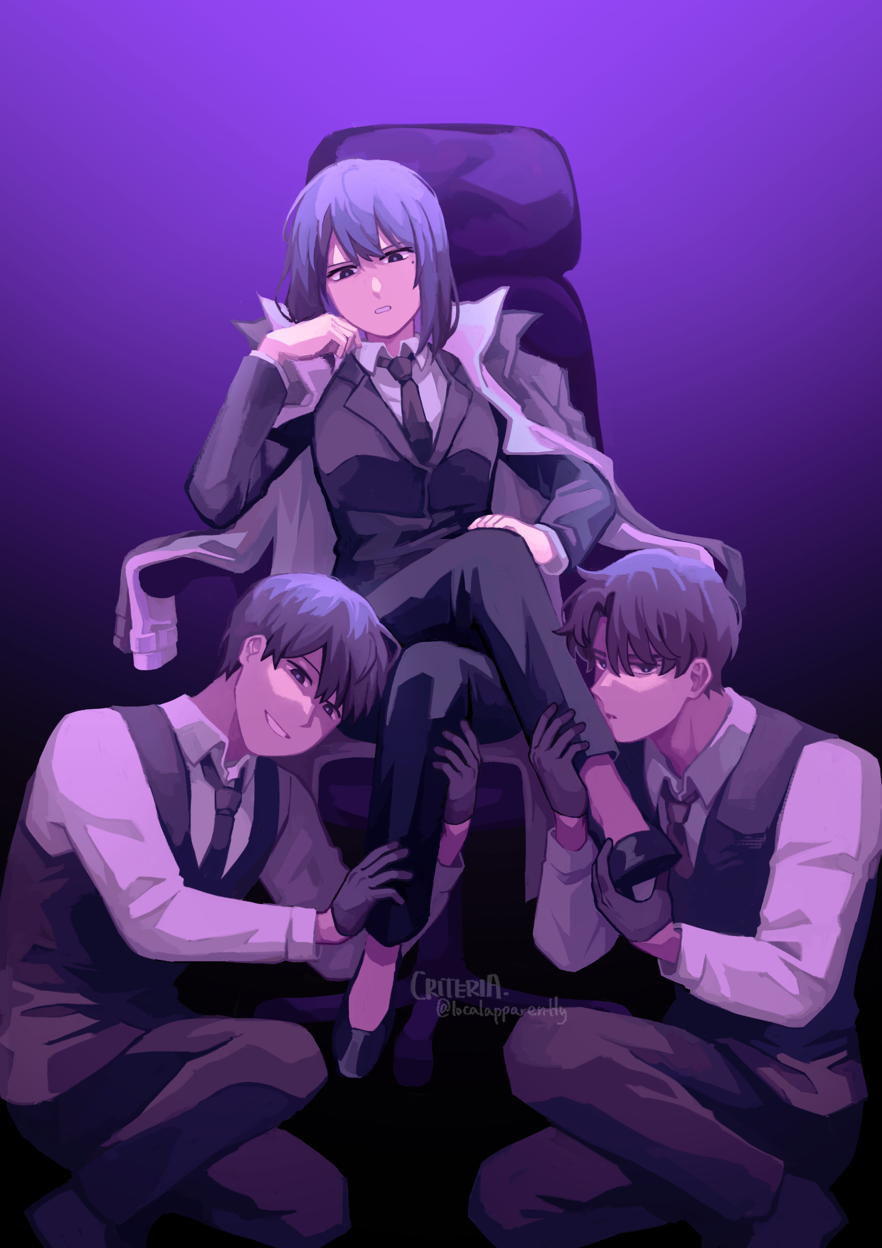 criteria, han sooyoung, kim dokja, yoo joonghyuk, omniscient reader's viewpoint, absurdres, highres, 1girl, 2boys, black eyes, black gloves, black hair, black necktie, black vest, bob cut, chair, coat, coat on shoulders, collared shirt, crossed legs, elbow rest, full body, gaming chair, gloves, hand on another's leg, hand on own chin, head rest, looking at viewer, matching outfits, multiple boys, necktie, nervous, on ground, purple theme, serious, shirt, short hair, sitting, swivel chair, vest, white coat, white shirt