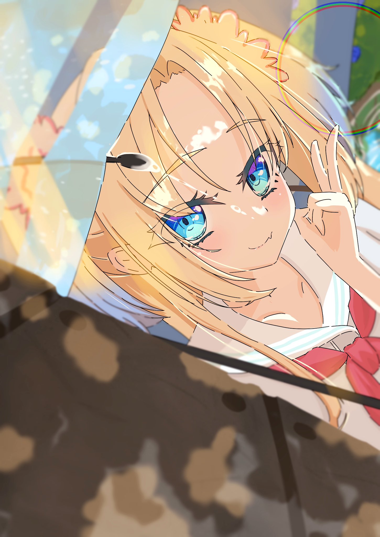 sanya (sanya ikuyo), osawa rurino, link! like! love live!, love live!, commentary request, highres, 1girl, blonde hair, blush, collarbone, curtained hair, fang, fang out, flower, hair flower, hair ornament, hasu no sora school uniform, looking at viewer, loose neckerchief, neckerchief, parted bangs, pink flower, red neckerchief, sailor collar, school uniform, skin fang, solo, summer uniform, twintails, v, virtual youtuber, white sailor collar