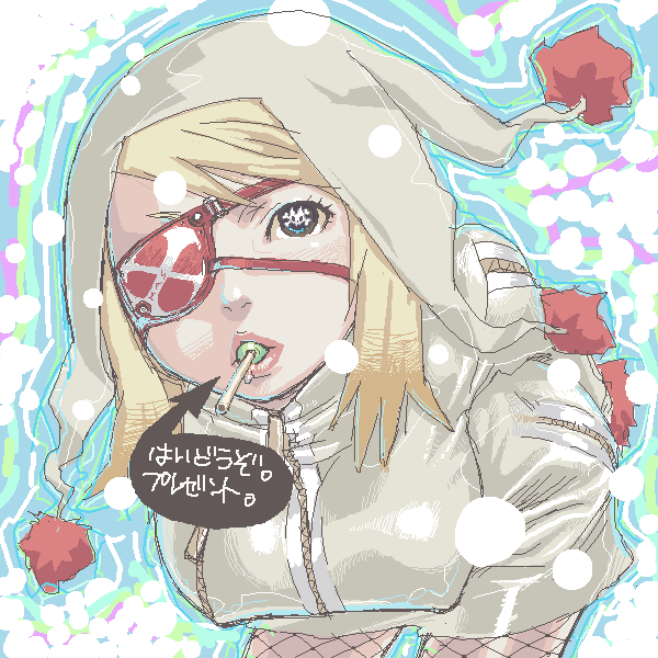 kaieda hiroshi, translation request, 1girl, bent over, blonde hair, blue eyes, breasts, candy, coat, eyepatch, female focus, fishnets, food, grey hat, hat, hay, large breasts, lips, lollipop, oekaki, short hair, snow, solo