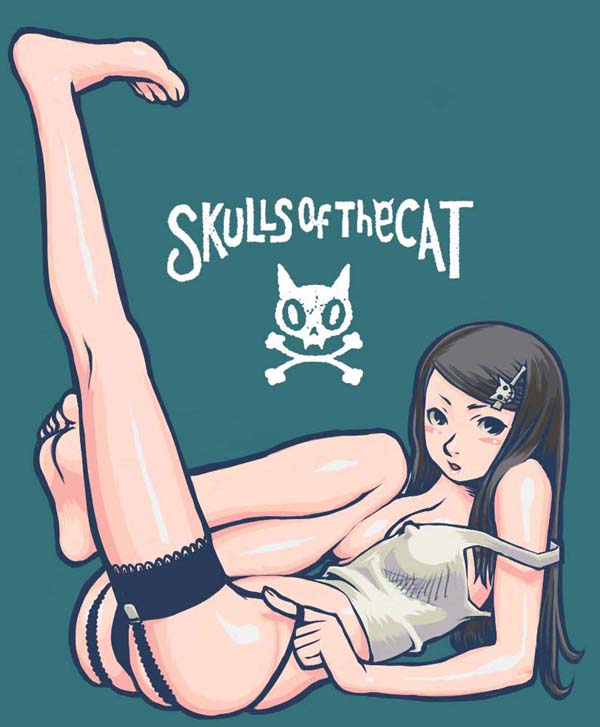 kaieda hiroshi, 1girl, artistic error, bad anatomy, bad proportions, bare shoulders, barefoot, black panties, breasts, brown hair, covered erect nipples, feet, female focus, garter belt, hair ornament, hairclip, legs, long hair, long legs, lying, panties, simple background, skull, skull hair ornament, solo, strap slip, tank top, thigh strap, underwear