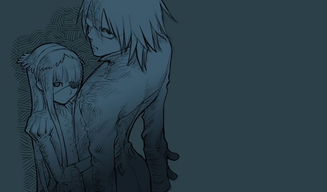 kaieda hiroshi, 1boy, 1girl, arms at sides, blue theme, couple, dark, eyepatch, glasses, hat, hetero, long hair, looking back, monochrome, short hair