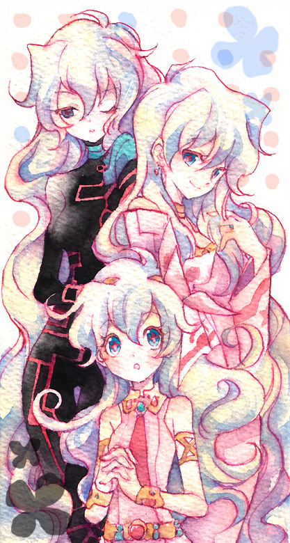 nemi (pixiv), nesu (nsm888), antispiral nia, nia teppelin, tengen toppa gurren lagann, uniform, md5 mismatch, resolution mismatch, source larger, + +, 00s, 3girls, aged down, aged up, armlet, belt, blonde hair, blue eyes, blue hair, blush, bodysuit, bracelet, child, choker, curly hair, dark persona, dress, everyone, flower, jewelry, long hair, multicolored hair, multiple girls, multiple persona, necktie, neon trim, one eye closed, open mouth, own hands together, skin tight, smile, symbol-shaped pupils, teeth, two-tone hair, wink