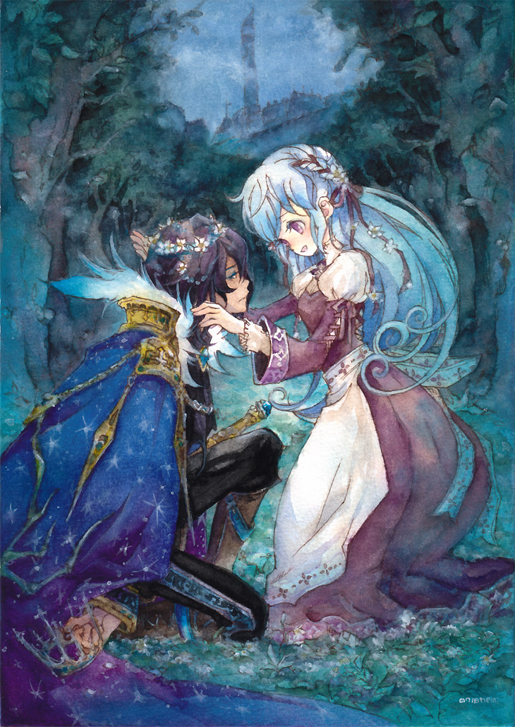 nemi (pixiv), nesu (nsm888), bad id, 1boy, 1girl, apron, black hair, blue hair, braid, cape, couple, crown, dress, flower, forest, hair ornament, happy, hat, head wreath, hetero, long hair, nature, night, on one knee, ribbon, short hair, tree