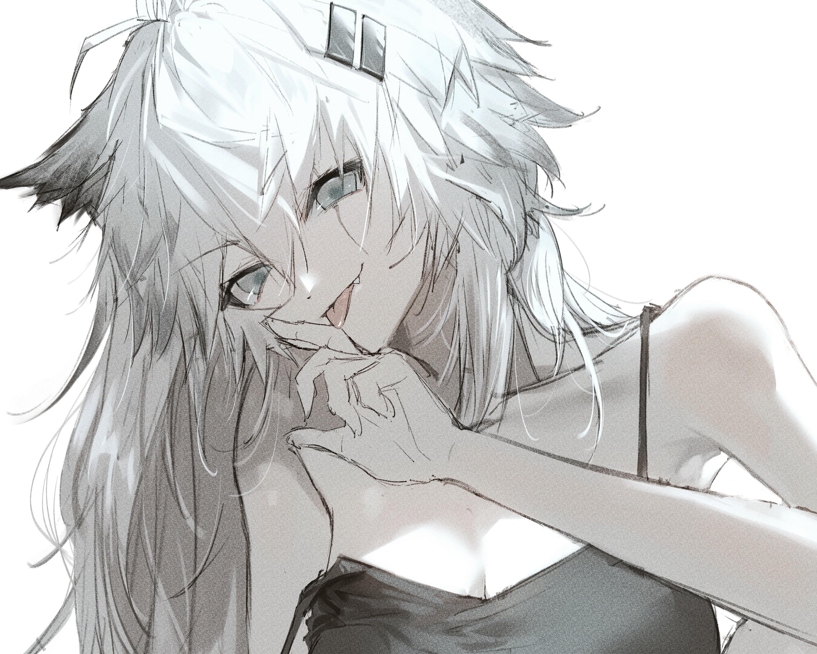 pppmepl, lappland (arknights), arknights, highres, 1girl, animal ear fluff, animal ears, bare arms, bare shoulders, black camisole, breasts, camisole, close-up, grey eyes, grey hair, hair ornament, hairclip, long hair, looking at viewer, medium breasts, scar, scar across eye, scar on face, smile, solo, wolf ears, wolf girl
