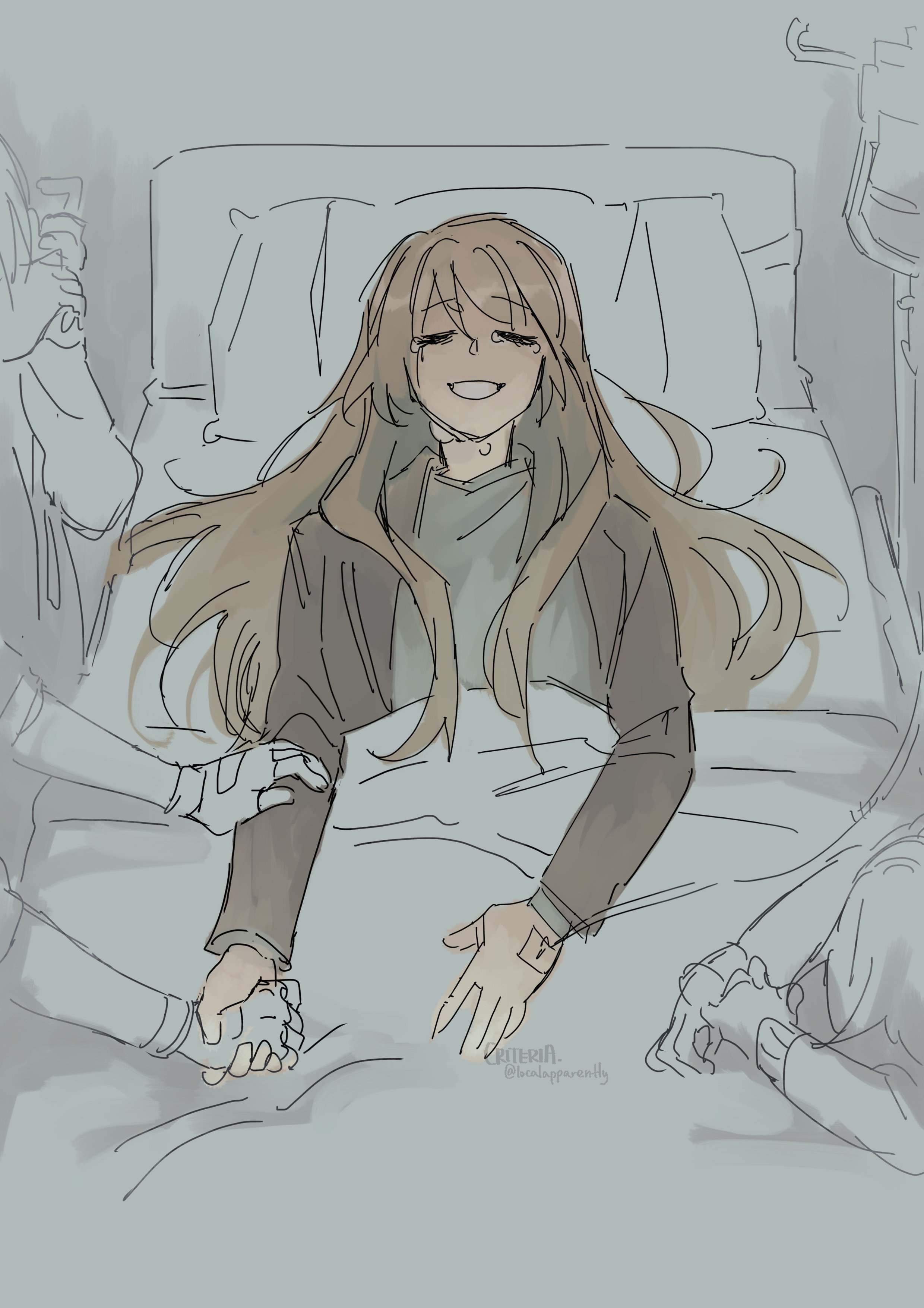 criteria, jung heewon, kim dokja, lee jihye, yoo sangah, omniscient reader's viewpoint, absurdres, character request, check character, highres, 1girl, 3others, black jacket, brown hair, closed eyes, fingerless gloves, gloves, grey shirt, head down, head on pillow, holding hands, intravenous drip, jacket, long hair, multiple others, open clothes, open jacket, out of frame, partially colored, pillow, shirt, tears, under covers