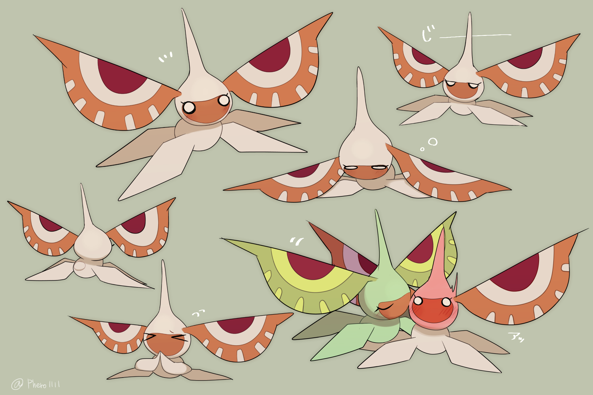 a-nya, masquerain, nintendo, pokemon, commentary request, highres, > <, alternate color, animal focus, antennae, blush, bug, closed eyes, eyelashes, from behind, full-face blush, full body, gen 3 pokemon, grey background, horns, insect wings, no humans, o o, pokemon (creature), pokemon focus, shiny and normal, shiny pokemon, simple background, single horn, twitter username, wings