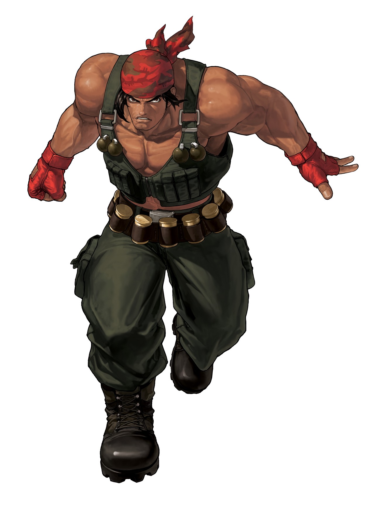ogura eisuke, ralf jones, snk, the king of fighters, the king of fighters xii, highres, official art, 1boy, bandana, bandolier, belt, boots, clenched hand, combat boots, explosive, fingerless gloves, gloves, grenade, male focus, military, muscular, pants, pouch, solo, tan, vest