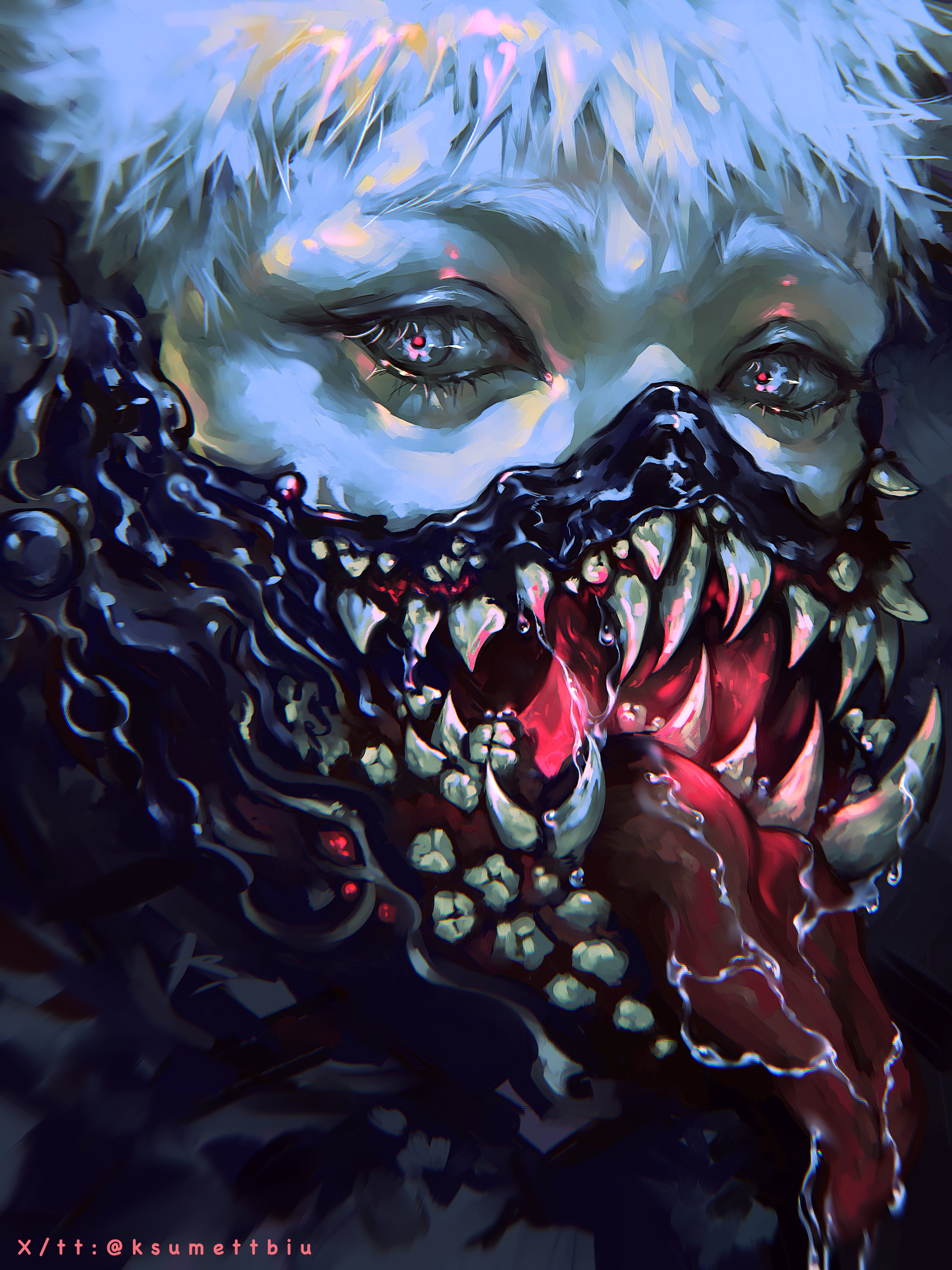 indou hikaru, hikaru ga shinda natsu, absurdres, highres, 1boy, body horror, eyelashes, ksumettbiu, long tongue, looking at viewer, male focus, red pupils, saliva, short hair, solo, teeth, tongue, twitter username, white hair
