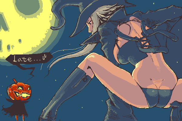kaieda hiroshi, 1girl, ass, back, black boots, black bustier, black hat, blonde hair, boots, bustier, butt crack, female focus, hat, jack-o'-lantern, lingerie, moon, night, oekaki, panties, pumpkin, sky, solo, speech bubble, squatting, star (sky), starry sky, underwear, witch hat