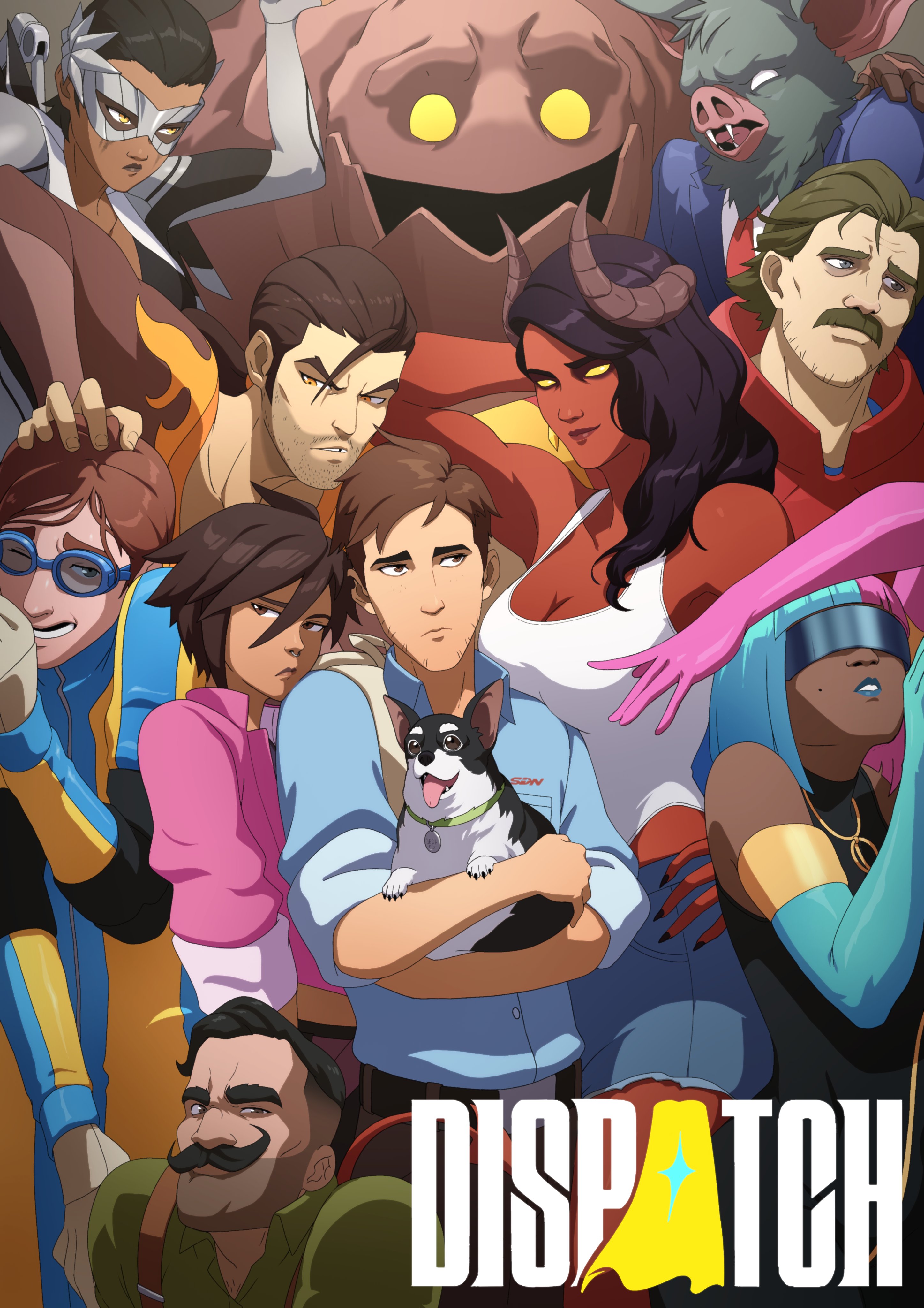 miconomicon, beef (dispatch), coupe (dispatch), flambae (dispatch), golem (dispatch), invisigal (dispatch), malevola (dispatch), phenomaman (dispatch), prism (dispatch), punch up (dispatch), robert robertson, sonar (dispatch), waterboy (dispatch), dispatch, absurdres, commentary, highres, 4girls, 6+boys, arm up, asymmetrical gloves, belt, black hair, blue eyes, blue gloves, blue hair, blue lips, bodysuit, breasts, brown eyes, brown hair, cleavage, colored skin, copyright name, dark-skinned female, dark skin, demon, dog, dress shirt, earrings, elbow gloves, face piercing, facial hair, fangs, formal clothes, gloves, goggles, indoors, jewelry, leotard, long hair, looking at viewer, makeup, medium breasts, medium hair, mismatched gloves, missing tooth, multiple boys, multiple girls, mustache, necktie, nose piercing, nose ring, open mouth, orange eyes, piercing, pink gloves, pink hair, red necktie, red skin, runny makeup, shirt, short hair, sleeveless, stubble, suit, white leotard, yellow eyes