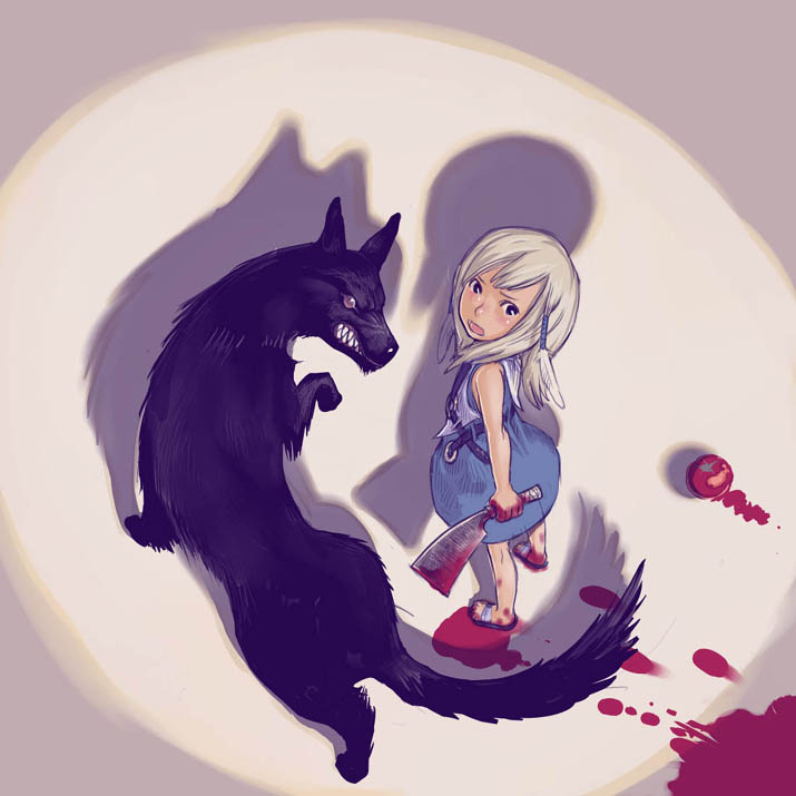 kaieda hiroshi, original, 1girl, animal, blonde hair, blood, dress, female focus, from above, sandals, solo, tomato, wolf
